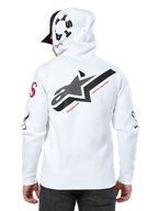 Alpinestars Variegate Hoodie, wit, achteraanzicht met groot zwart ster-logo en rode tekst, multi-logo artwork op de mouwen en capuchon, casual motorsport streetwear