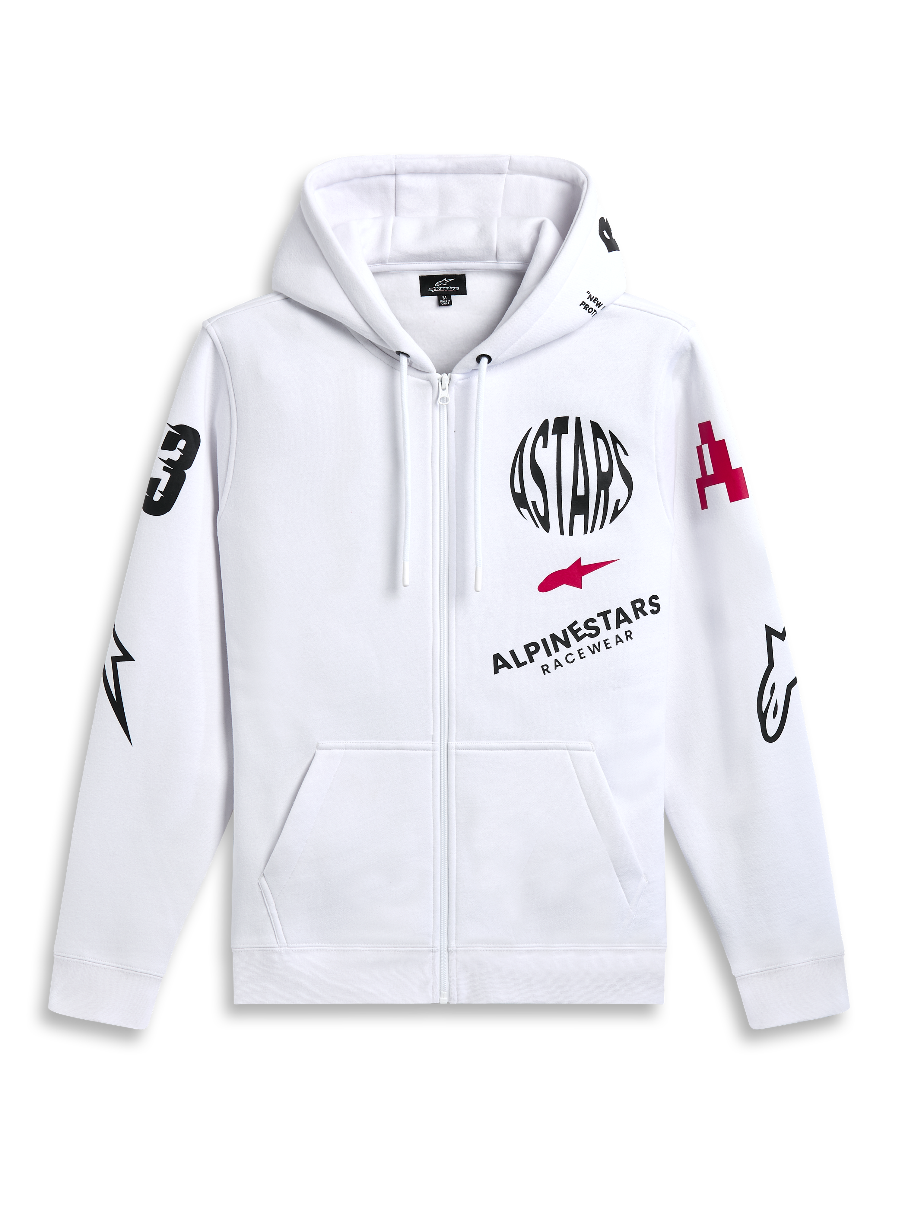 Alpinestars Variegate Hoodie, wit fleece vest met ritssluiting, multi-logo artwork met zwarte cirkelvormige ASTARS tekst en rood logo op de borst, graphics op de mouwen, kangoeroezakken en capuchon met trekkoord, casual motorsport streetwear