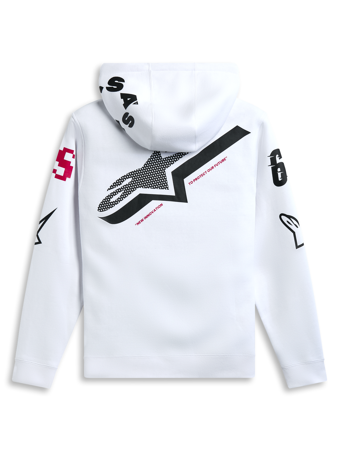 Alpinestars Variegate hoodie, wit, achteraanzicht met groot zwart ster-logo en rode 'New Innovation' tekst, multi-logo artwork op mouwen en capuchon, casual motorsport-geïnspireerde streetwear