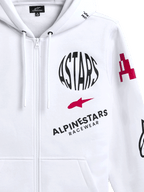 Alpinestars Variegate hoodie, witte fleece hoodie met ritssluiting aan de voorkant, voorzien van een rond zwart ASTARS-logo, rood stersymbool en Alpinestars Racewear-branding op de borst, casual motorsport streetwear