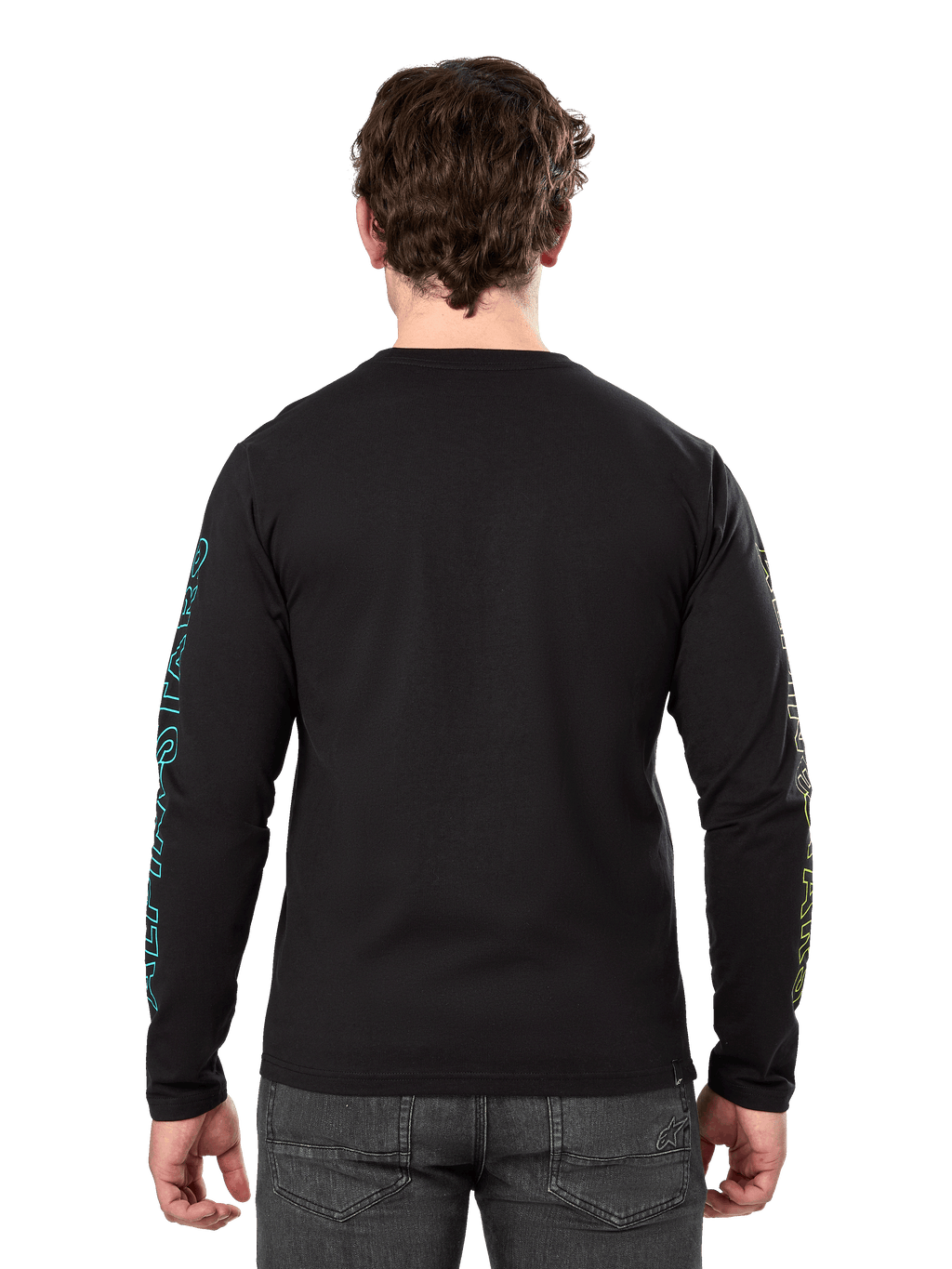 Alpinestars Ayess Csf Tee, T-shirt met lange mouwen, zwart, achteraanzicht met blauwe en gele geprinte graphics op de mouwen, casual motorsport streetwear