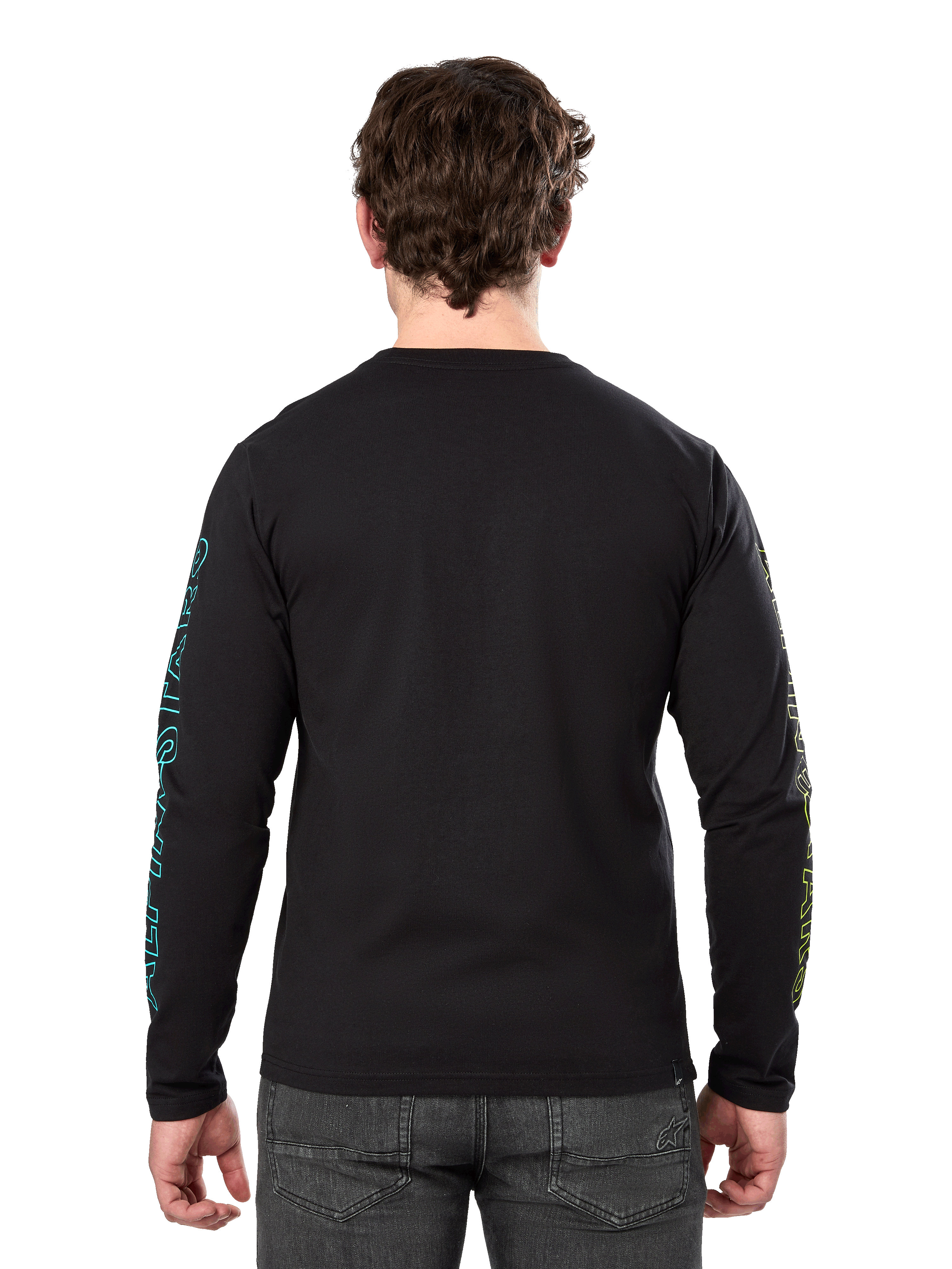 Alpinestars Ayess Csf Tee, T-shirt met lange mouwen, zwart, achteraanzicht met blauwe en gele geprinte graphics op de mouwen, casual motorsport streetwear