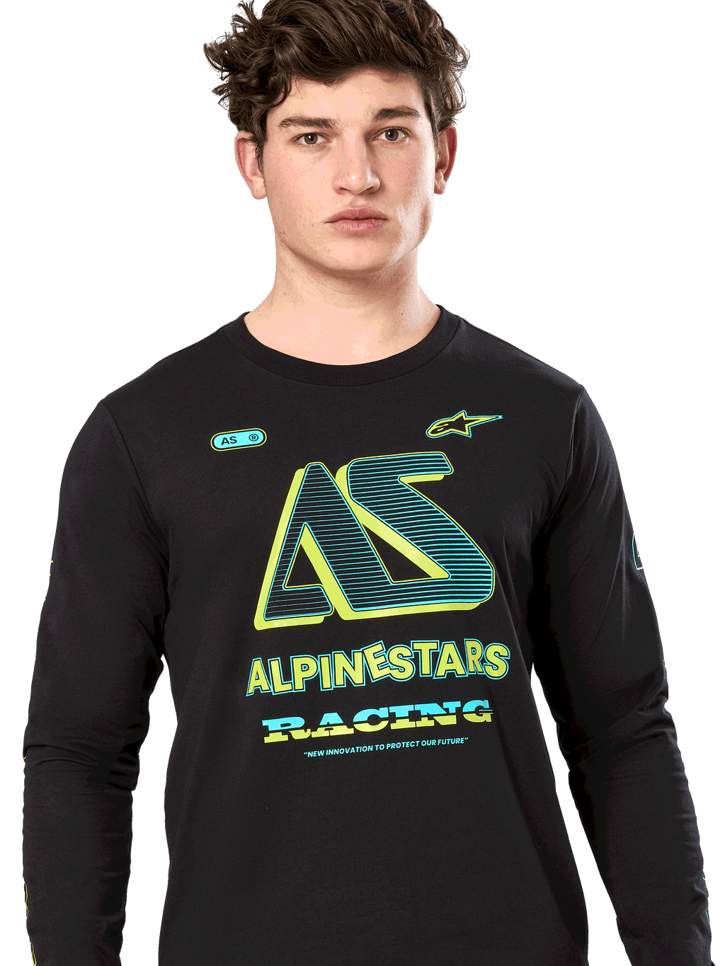 Alpinestars Ayess Csf Tee, T-shirt met lange mouwen, zwart, gestileerde AS-afbeelding met neongele en blauwgroene accenten, ALPINESTARS RACING-branding, casual motorsport streetwear