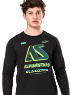 Alpinestars Ayess Csf Tee, T-shirt met lange mouwen, zwart, gestileerde AS-afbeelding met neongele en blauwgroene accenten, ALPINESTARS RACING-branding, casual motorsport streetwear