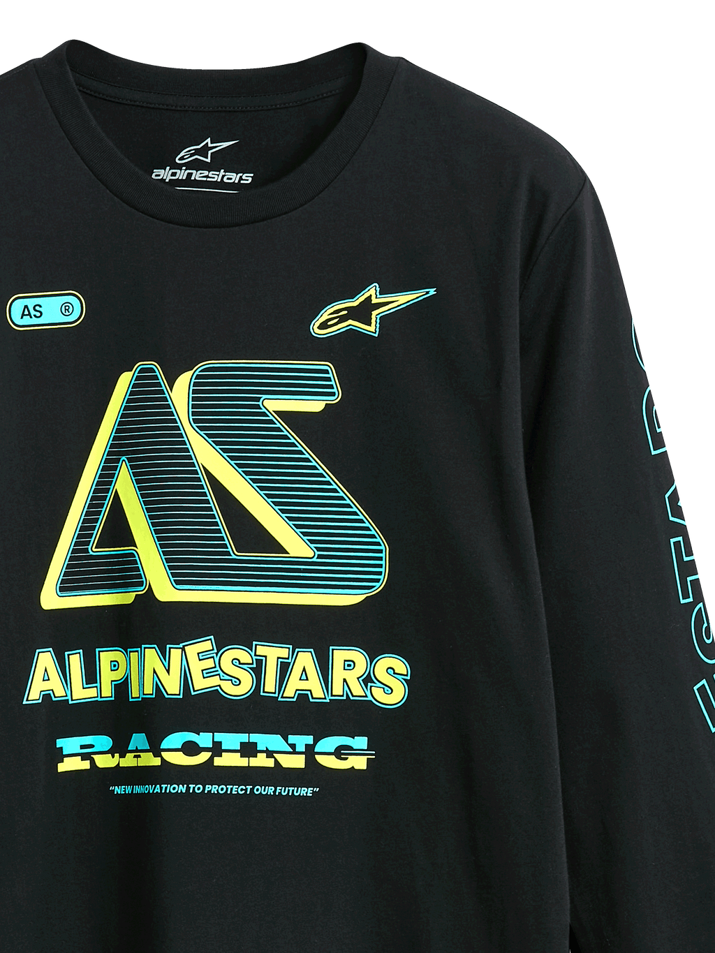 Alpinestars Ayess CSF Tee, T-shirt met lange mouwen, zwart, graphics op de voorkant met 'AS'-logo en 'Alpinestars Racing' in geel en cyaan, casual motorsport-geïnspireerde streetwear