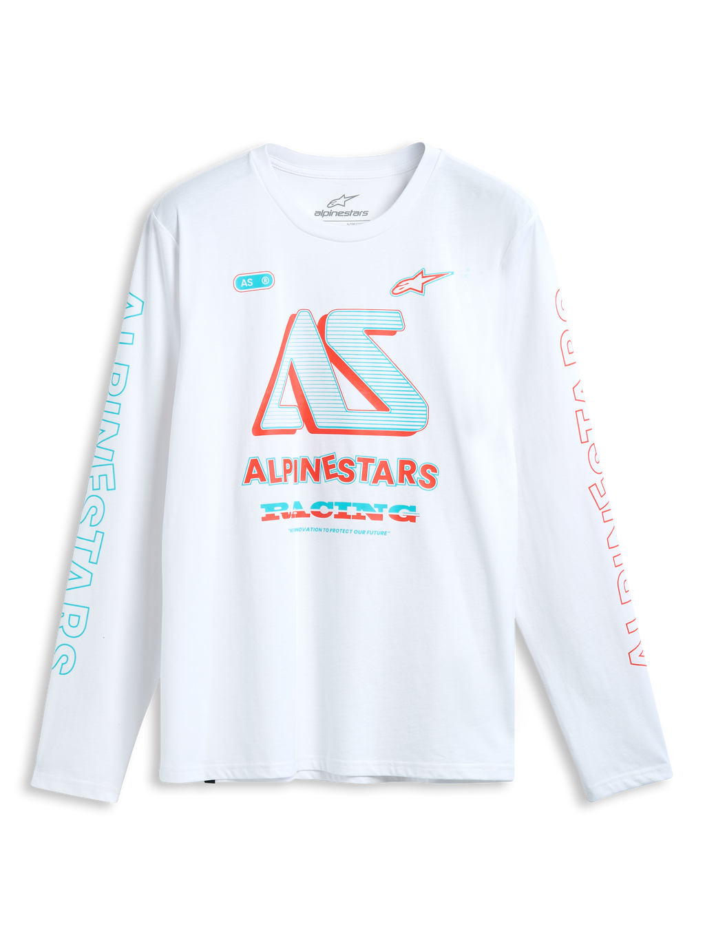 Alpinestars Ayess Csf T-shirt met lange mouwen, wit, meerkleurige racegraphics op de borst en mouwen, casual sportswear.