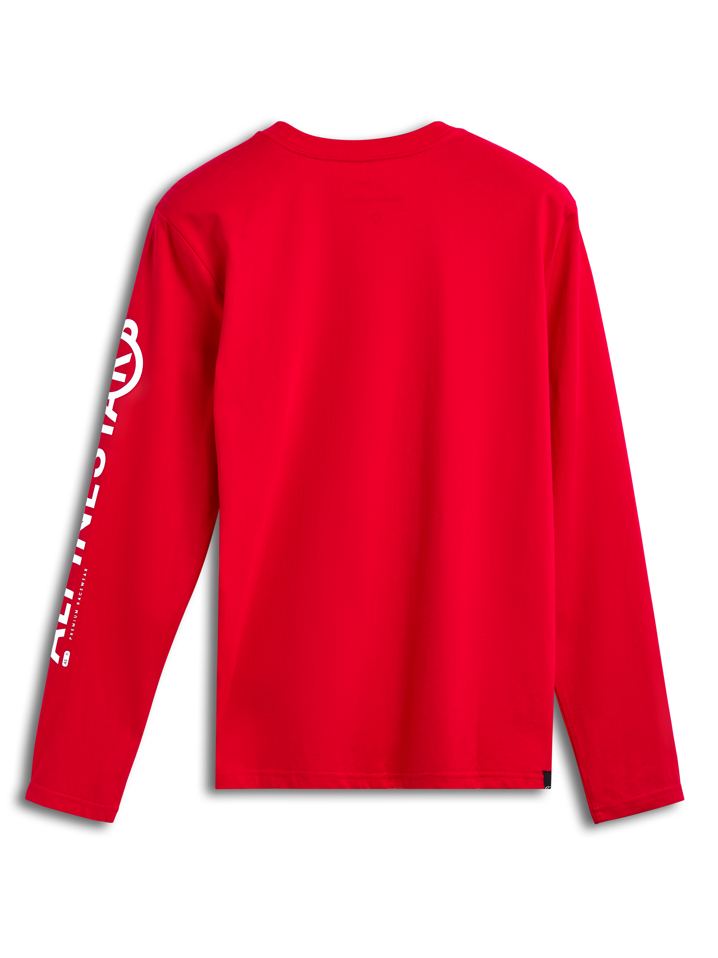 Alpinestars Committed CSF Tee, longsleeve T-shirt, rood, achteraanzicht, verticaal wit Alpinestars-logo op de mouw, casual motorsport-geïnspireerde kleding