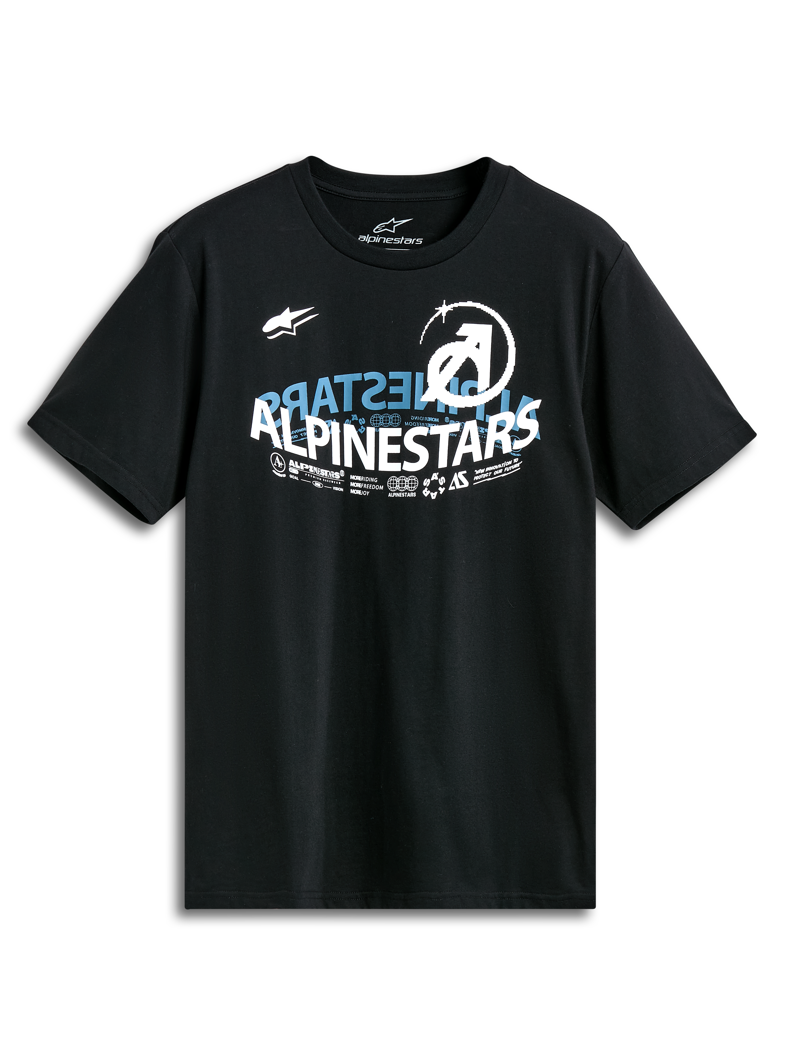 Alpinestars Semicircle Csf Tee, T-shirt met korte mouwen, zwart, Alpinestars gebogen halve cirkel graphic op de voorzijde met blauwe en witte accenten, casual motorsport-geïnspireerd ontwerp