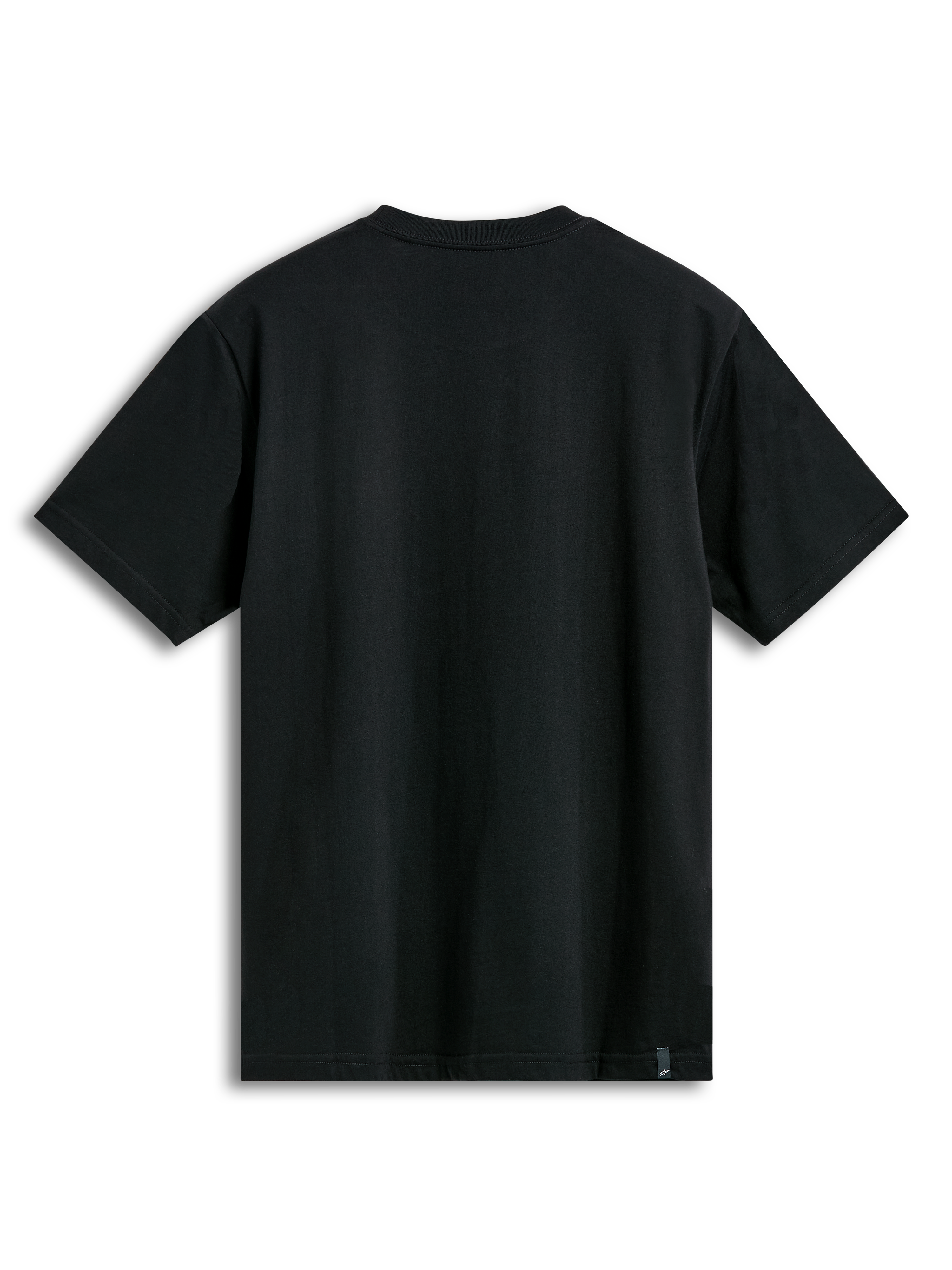 Alpinestars Semicircle CSF Tee, T-shirt met korte mouwen, zwart, achteraanzicht met effen stof en klein merklabel aan de onderzoom, casual motorsport streetwear