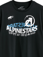 Alpinestars Semicircle CSF Tee, T-shirt met korte mouwen, zwart, met een complex gebogen Alpinestars-graphic in wit en blauw, inclusief technische iconen en slogans, casual motorsport streetwear