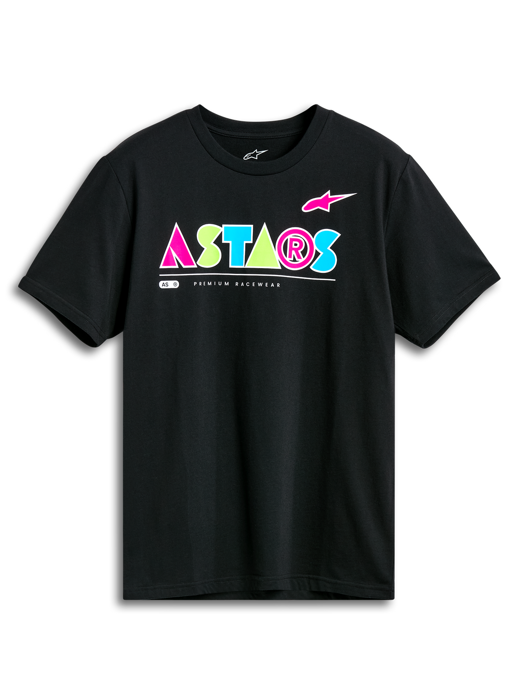 Alpinestars Cereal CSF Tee, T-shirt met korte mouwen, zwart, opvallend geometrisch ASTARS-logo in roze, limoengroen en lichtblauw, casual motorsport streetwear