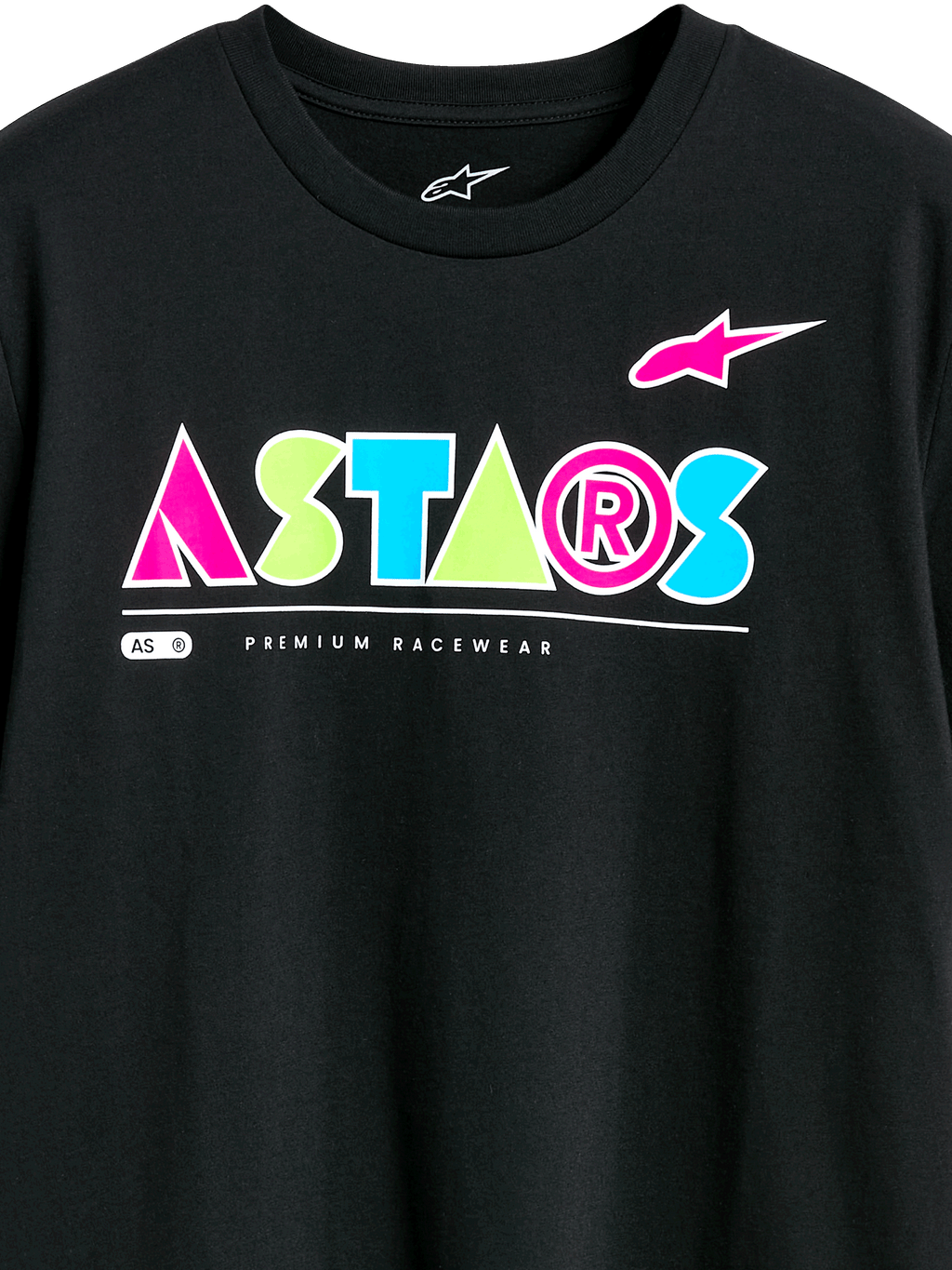 Alpinestars Cereal CSF Tee, T-shirt met korte mouwen, zwart, kleurrijk geometrisch ASTARS-logo met roze, groene en blauwe accenten, 'Premium Racewear' tekst, casual motorsport streetwear