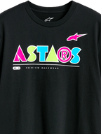 Alpinestars Cereal CSF Tee, T-shirt met korte mouwen, zwart, kleurrijk geometrisch ASTARS-logo met roze, groene en blauwe accenten, 'Premium Racewear' tekst, casual motorsport streetwear