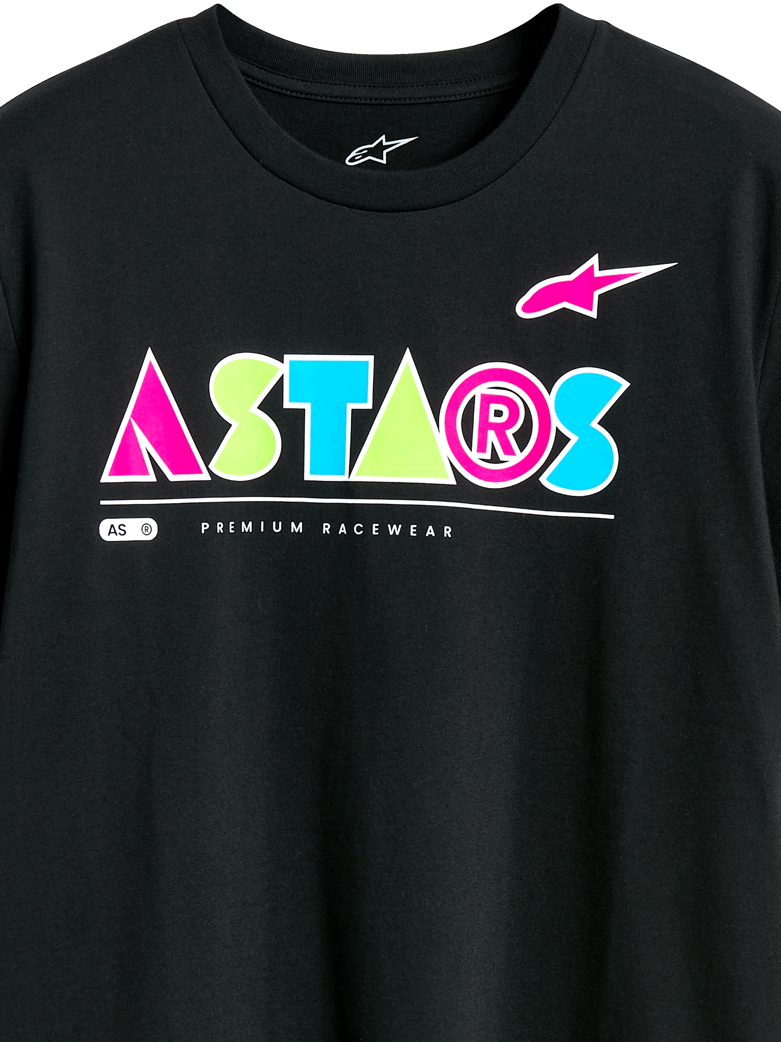 Alpinestars Cereal CSF Tee, T-shirt met korte mouwen, zwart, kleurrijk geometrisch ASTARS-logo met roze, groene en blauwe accenten, 'Premium Racewear' tekst, casual motorsport streetwear