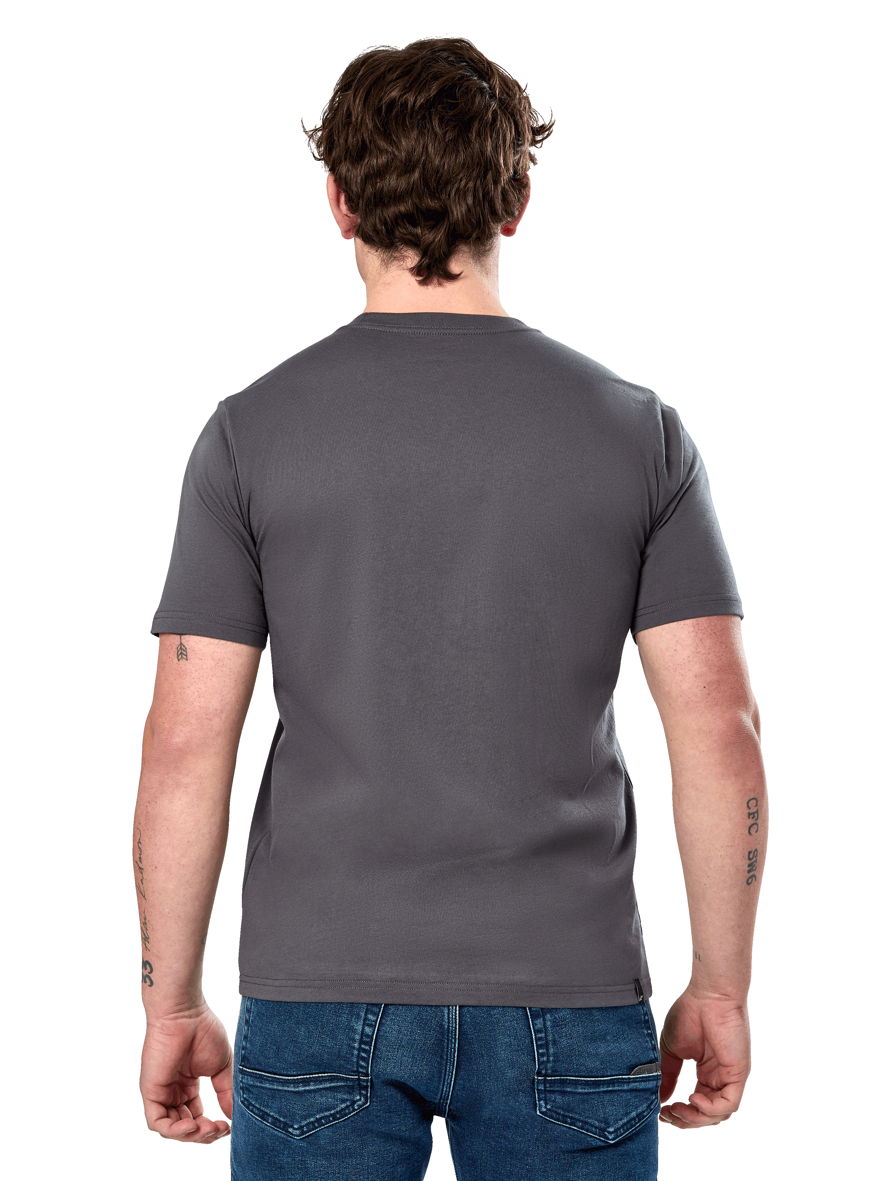Alpinestars Cereal CSF Tee, Short Sleeve T-Shirt, Charcoal, back view, worn by model with blue jeans, casual motorsport-inspired streetwear