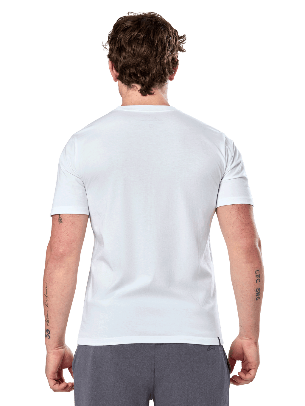 Alpinestars Geografica CSF Tee, T-shirt met korte mouwen, wit, achteraanzicht, gedragen door model met grijze broek, casual motorsport streetwear