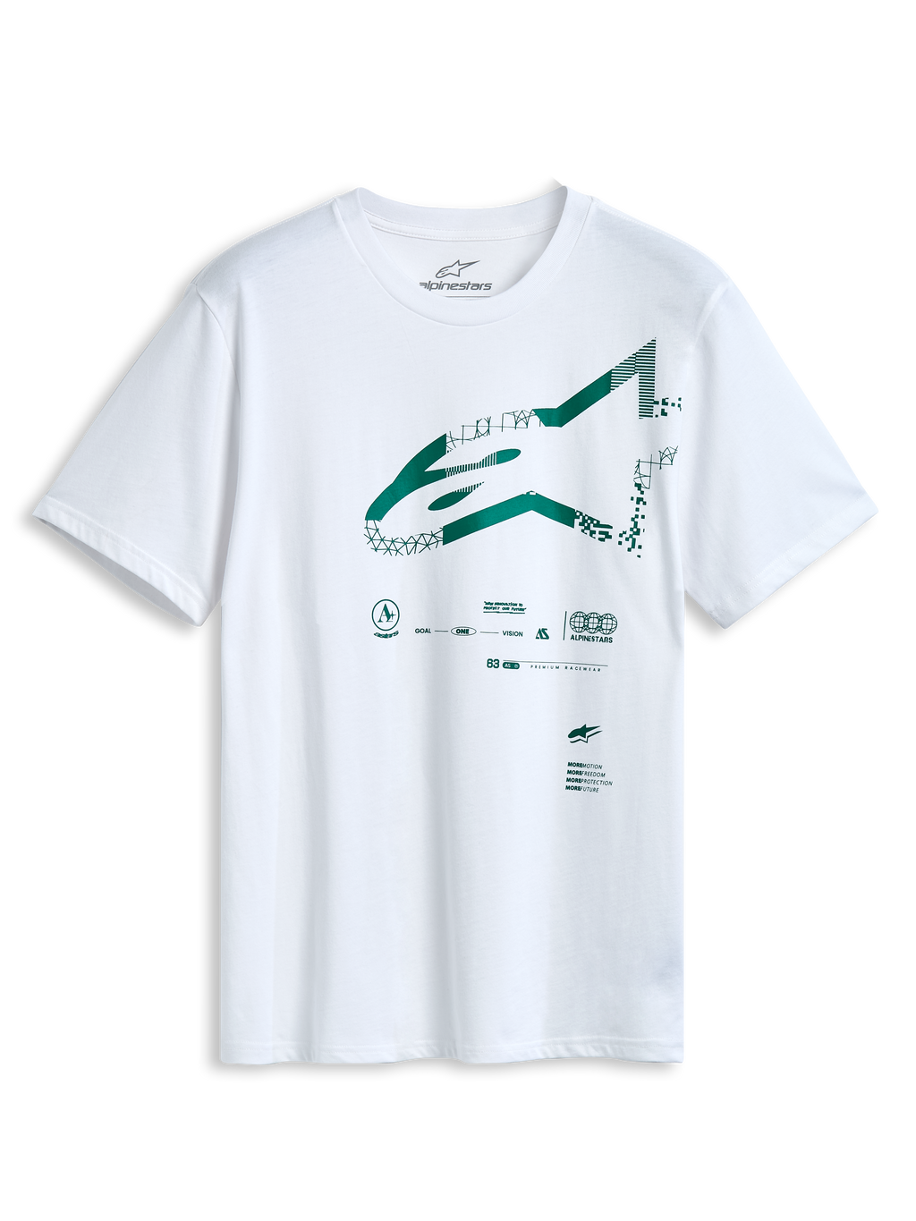 Alpinestars Geografica CSF T-shirt, T-shirt met korte mouwen, wit, groen Astars-logo op de voorkant met multi-tech grafische print, casual motorsport vrijetijdskleding