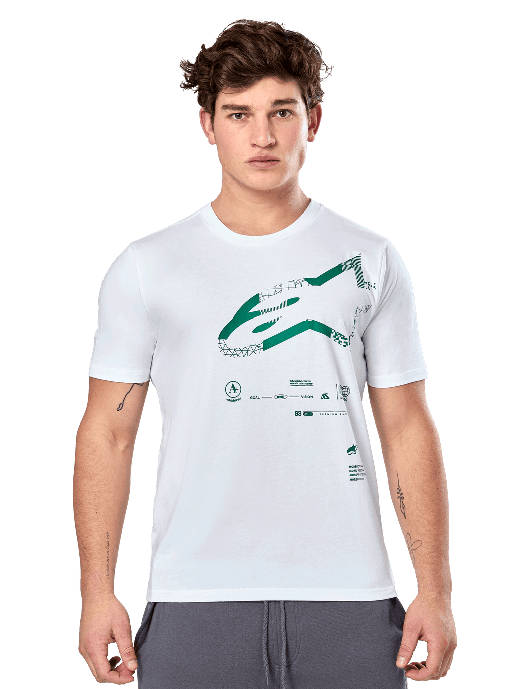 Alpinestars Geografica CSF Tee, wit T-shirt met korte mouwen met groene multi-tech Astars-graphic en technische symbolen, casual motorsport-sportkleding