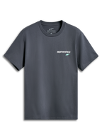 Alpinestars No Barrier CSF Tee, T-shirt met korte mouwen, antracietgrijs, klein wit tekstlogo met mintgroene ster op de borst, casual door motorsport geïnspireerde streetwear