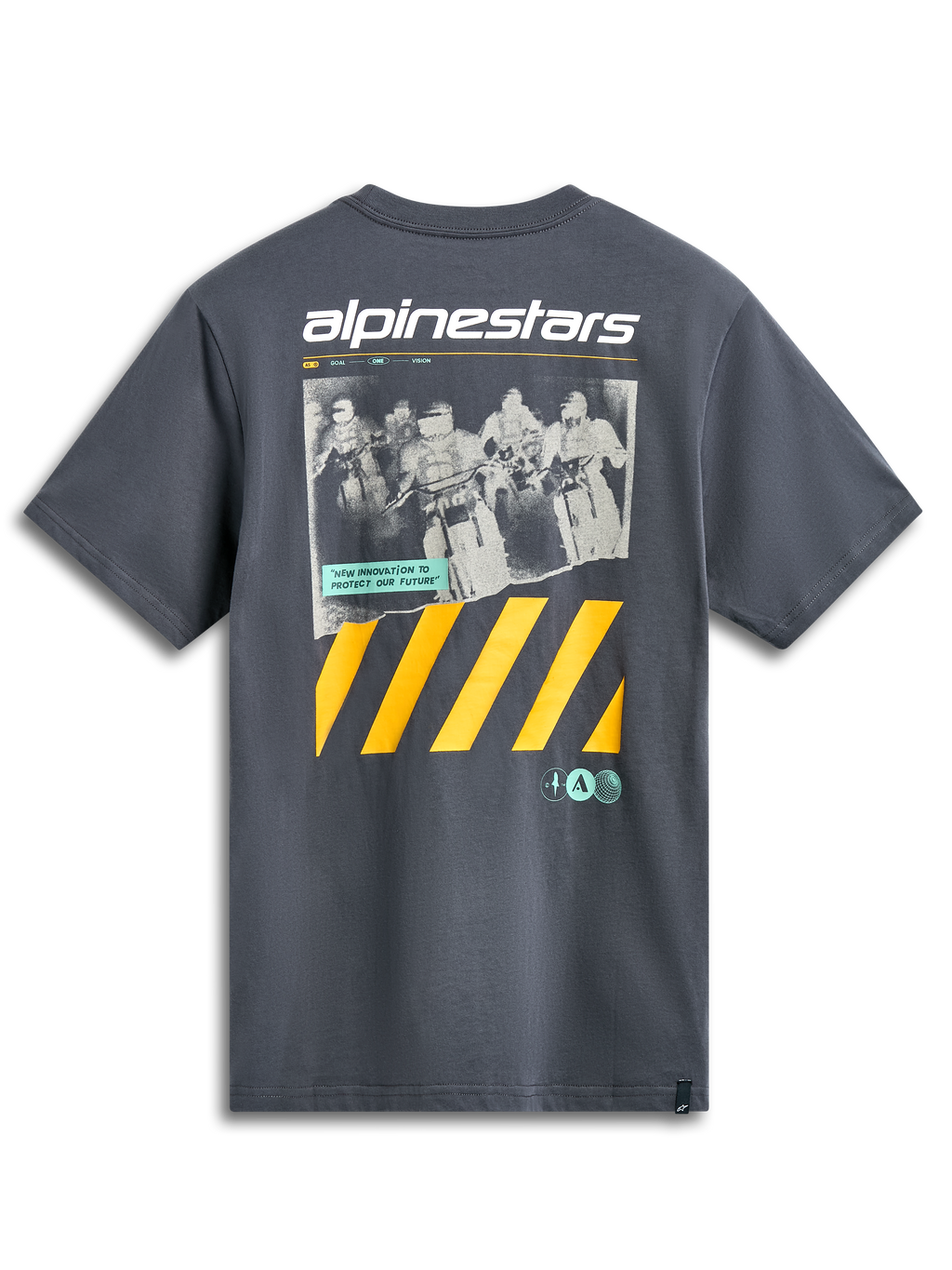 Alpinestars No Barrier CSF T-shirt, T-shirt met korte mouwen, Charcoal, grote grafische print met een verweerde motorcrossfoto, witte Alpinestars-branding en opvallende gele diagonale strepen, casual motorsport streetwear