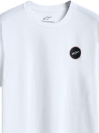 Alpinestars Dot Carbon Csf T-shirt, T-shirt met korte mouwen, wit, detailweergave van een rond zwart logo met carbonfiber-look vulling en witte ster, interne nekprint, casual motorsport streetwear