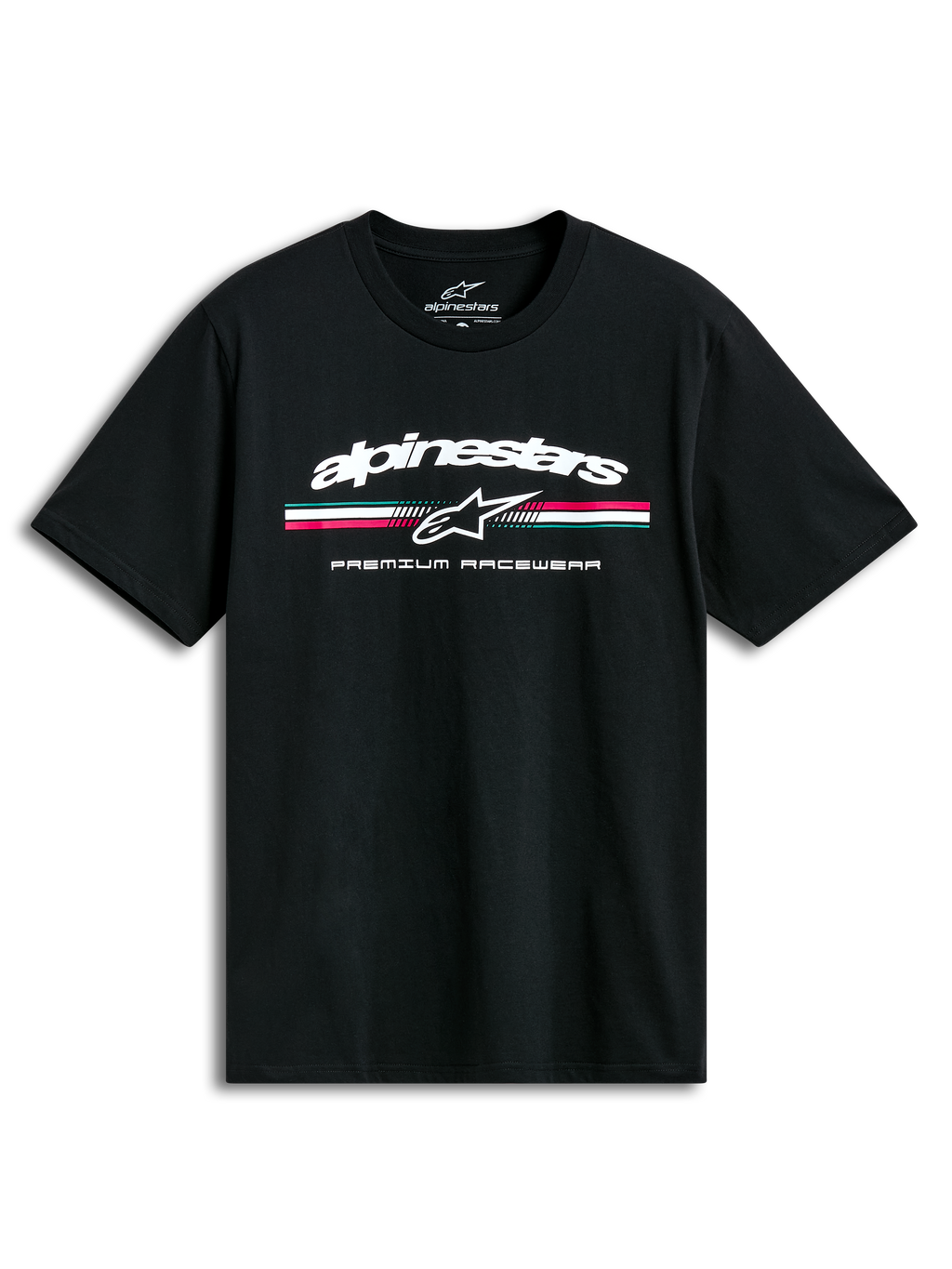 Alpinestars Prevail CSF T-shirt met korte mouwen, zwart, paddock-stijl driekleurig streep logo op de voorkant, casual sportswear.