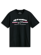 Alpinestars Prevail CSF T-shirt met korte mouwen, zwart, paddock-stijl driekleurig streep logo op de voorkant, casual sportswear.