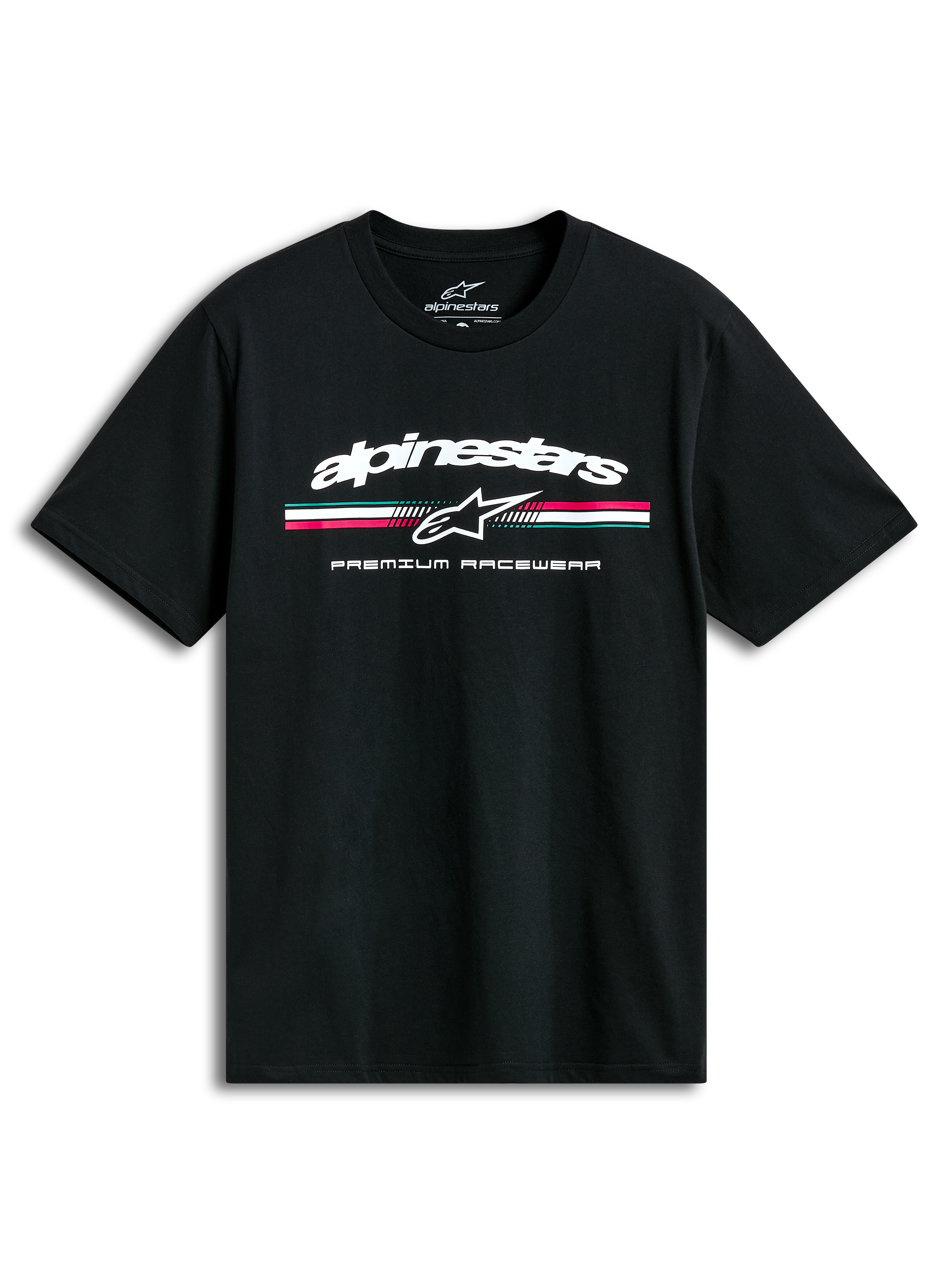 Alpinestars Prevail CSF T-shirt met korte mouwen, zwart, paddock-stijl driekleurig streep logo op de voorkant, casual sportswear.