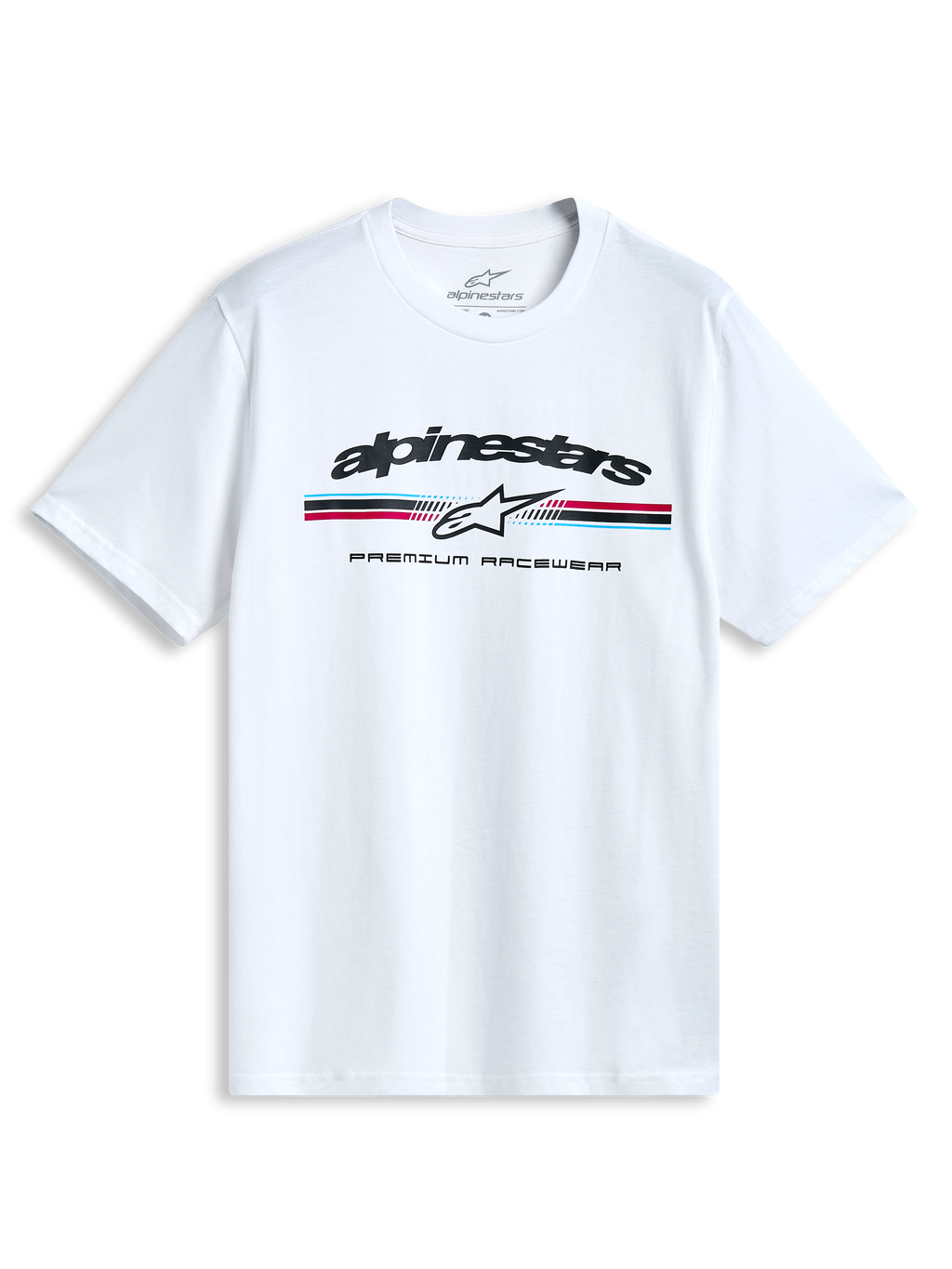 Alpinestars Prevail CSF T-shirt met korte mouwen, wit, paddock-stijl driekleurig streep- en logo-opdruk op de borst, casual sportswear.