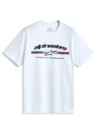 Alpinestars Prevail CSF T-shirt met korte mouwen, wit, paddock-stijl driekleurig streep- en logo-opdruk op de borst, casual sportswear.