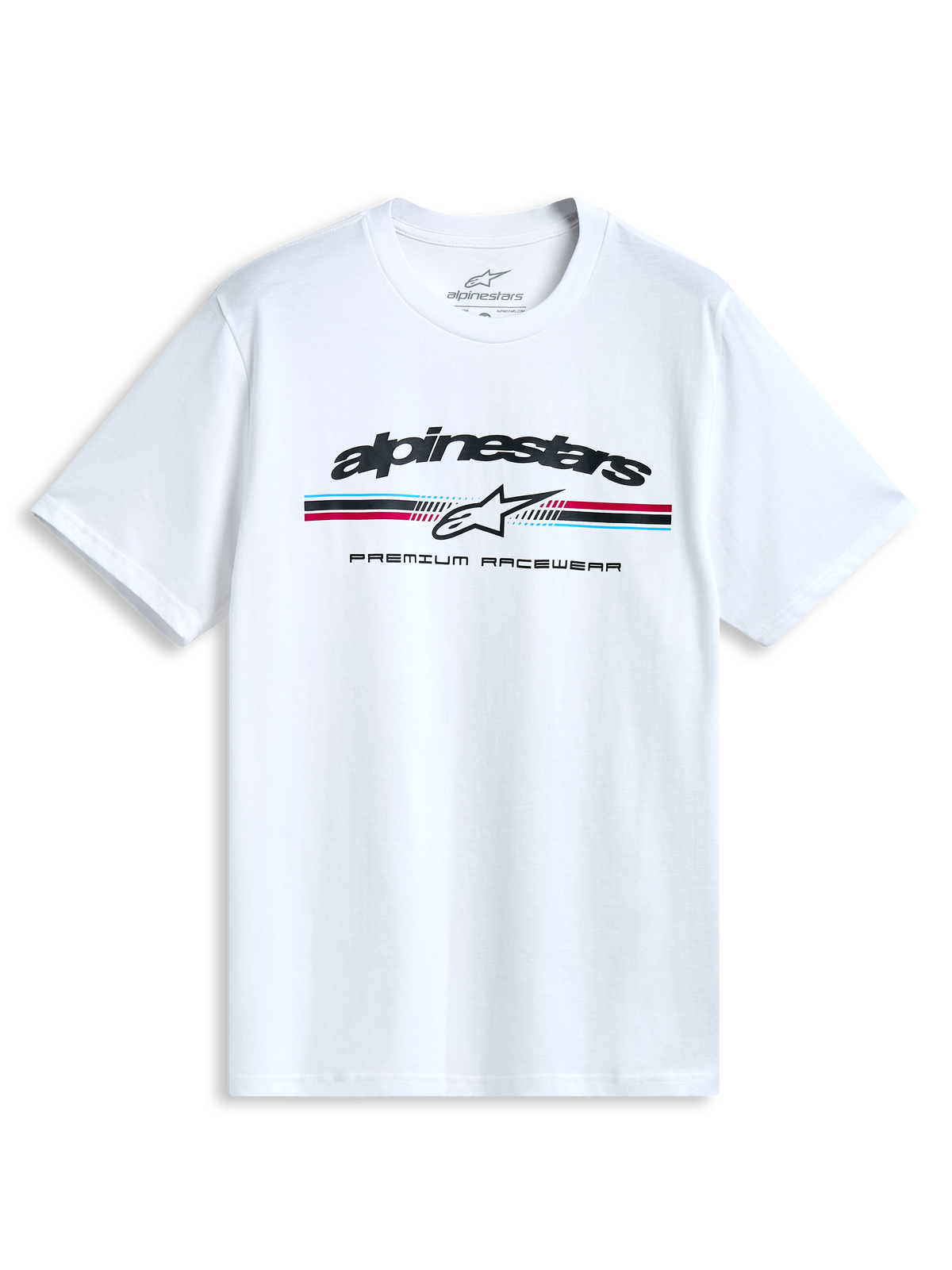 Alpinestars Prevail CSF T-shirt met korte mouwen, wit, paddock-stijl driekleurig streep- en logo-opdruk op de borst, casual sportswear.