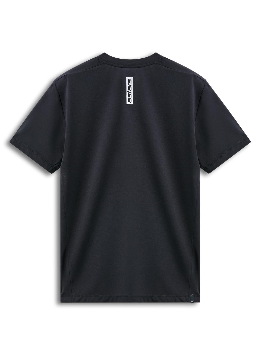 Alpinestars Point Performance Tee, T-shirt met korte mouwen, zwart, achteraanzicht met verticale witte Astars-logoprint bij de nek, vochtafvoerende performance sportkleding