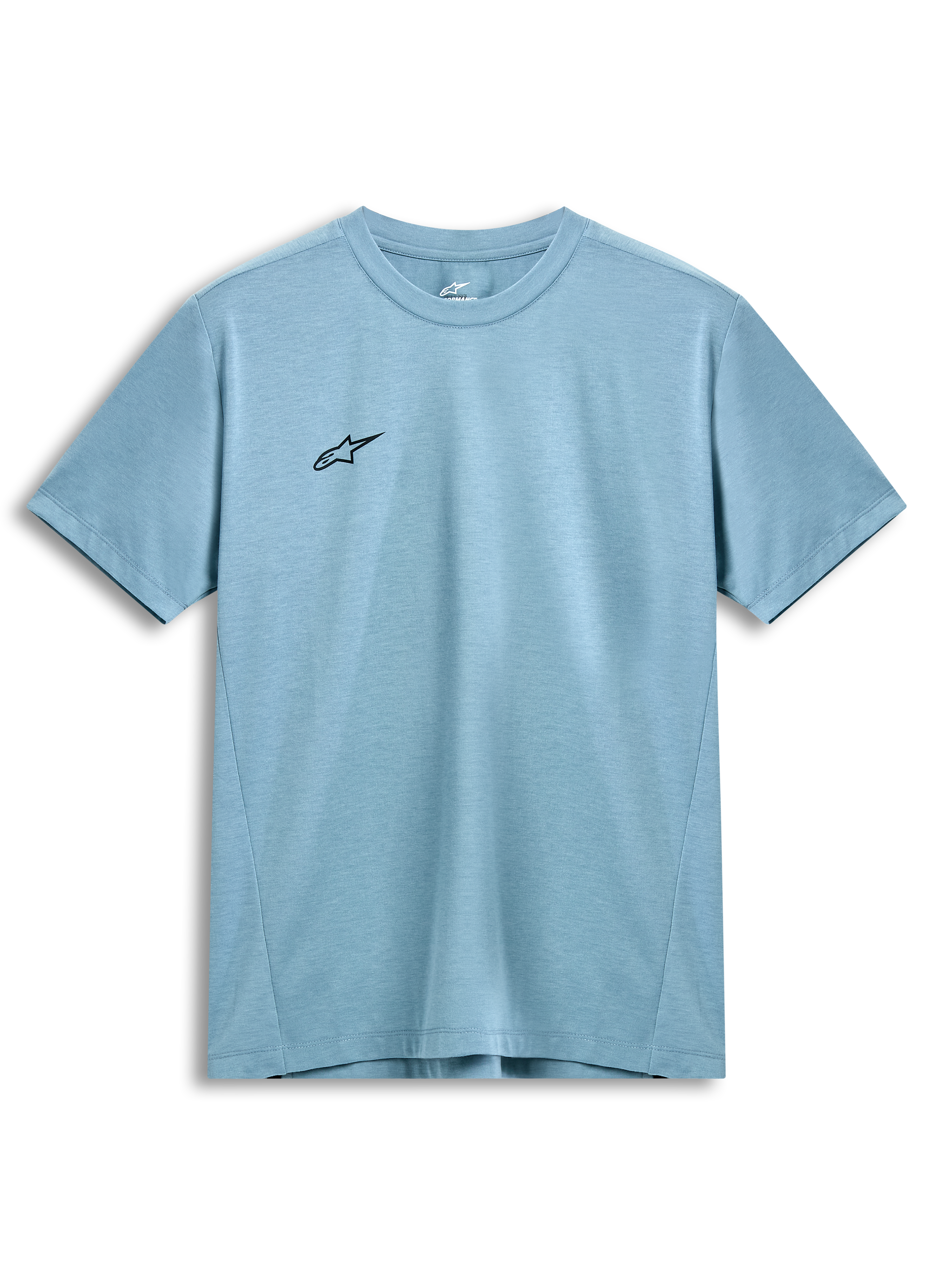 Alpinestars Point Performance Tee, T-shirt met korte mouwen, ijsblauw, klein zwart sterlogo op de borst, ronde hals, duurzame prestatiegerichte vochtafvoerende stof, casual motorsport streetwear