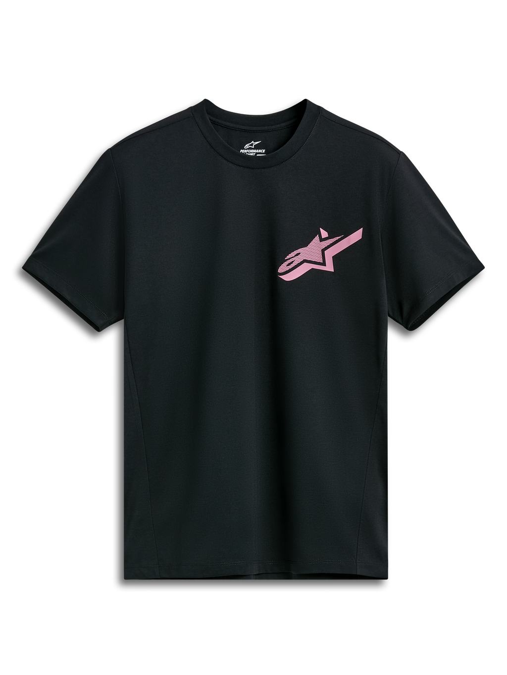 Alpinestars Attrition Performance Tee, performance t-shirt met korte mouwen, zwart met roze Alpinestars-logo, ronde hals, performance sportkleding