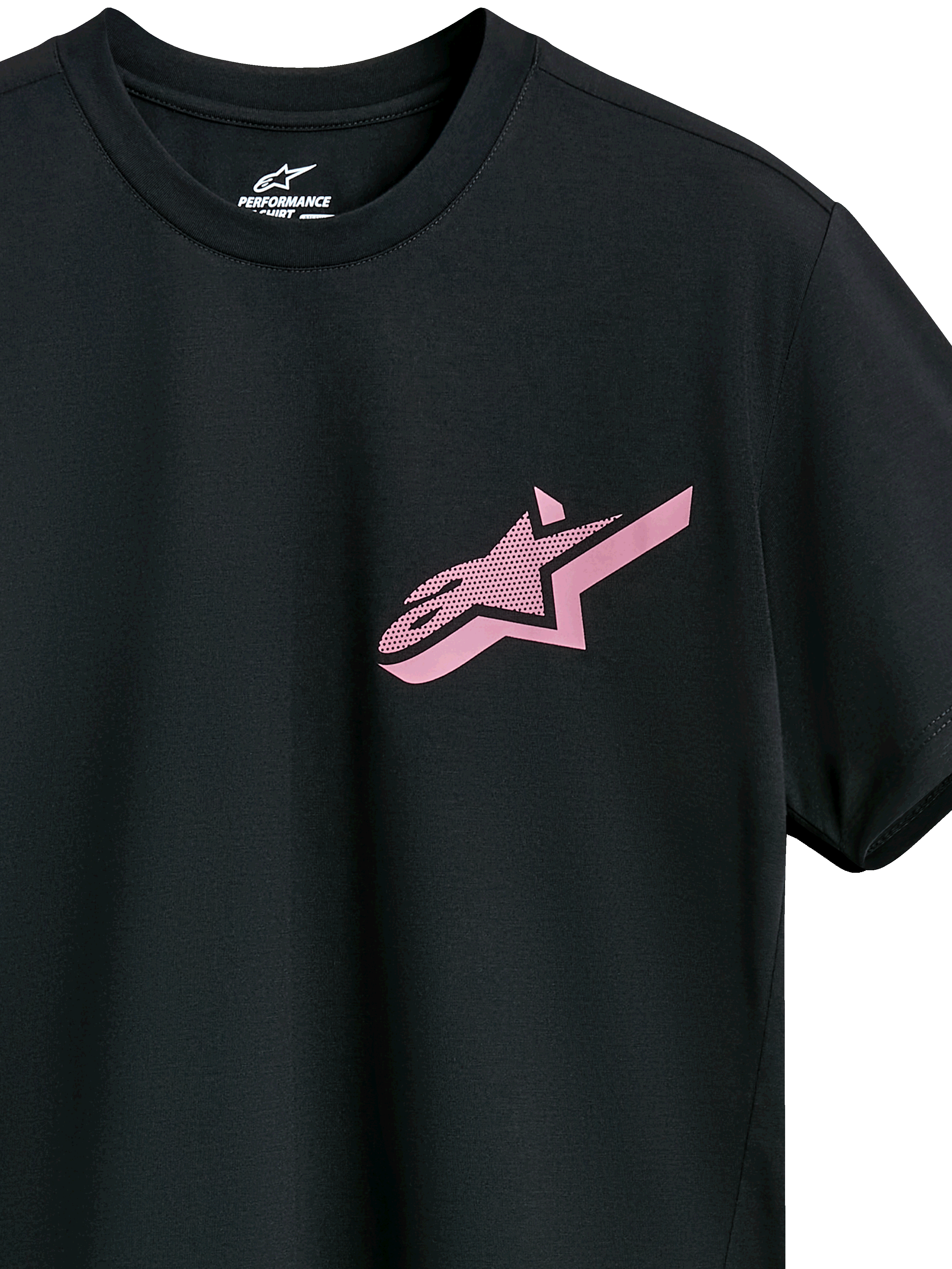 Alpinestars Attrition Performance Tee, T-shirt met korte mouwen, zwart met roze Astars-logo op de borst, ronde hals, performance sportswear