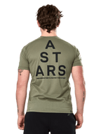 Alpinestars Attrition Performance Tee, Short Sleeve T-Shirt, Light Green, Back view featuring large black stacked 'A STARS' type graphic and 'NEW INNOVATION TO PROTECT OUR FUTURE' text, Sustainable Performance Sportswear