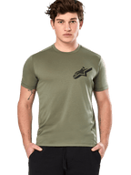 Alpinestars Attrition Performance Tee, Short Sleeve T-Shirt, Light Green, black Astars logo on chest, performance wicking fabric, model wearing with black pants, casual sportswear