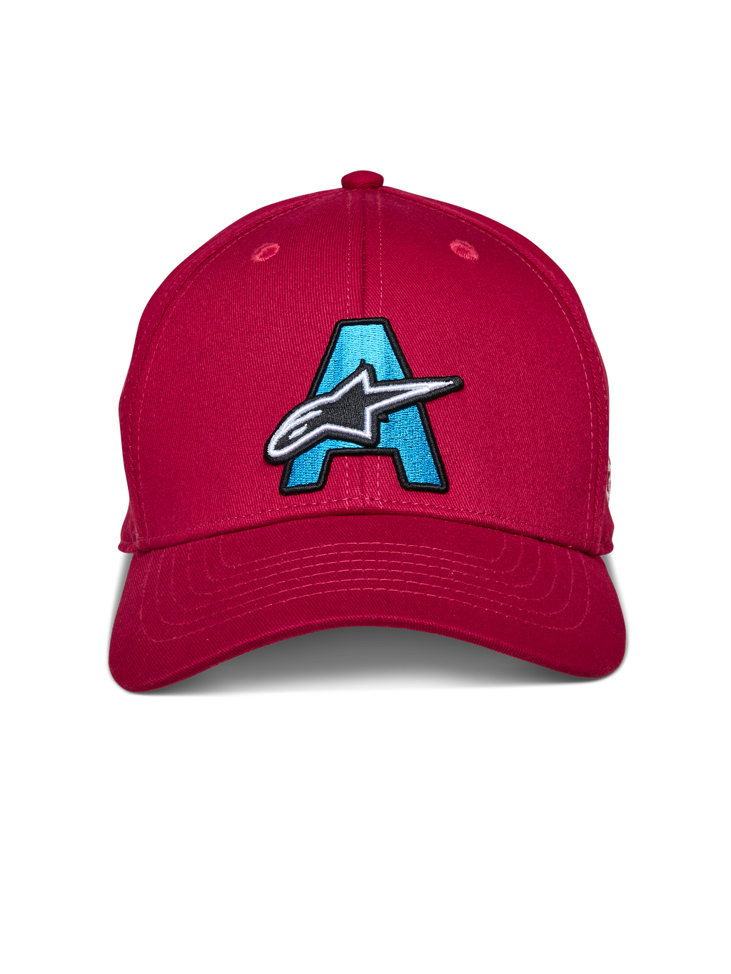 Alpinestars Elemental pet, rood, gestructureerde pet met gebogen klep, voorzien van een groot lichtblauw geborduurd 'A'-logo en een wit-zwart Alpinestars ster-logo op de voorkant, casual motorsport hoofdbedekking