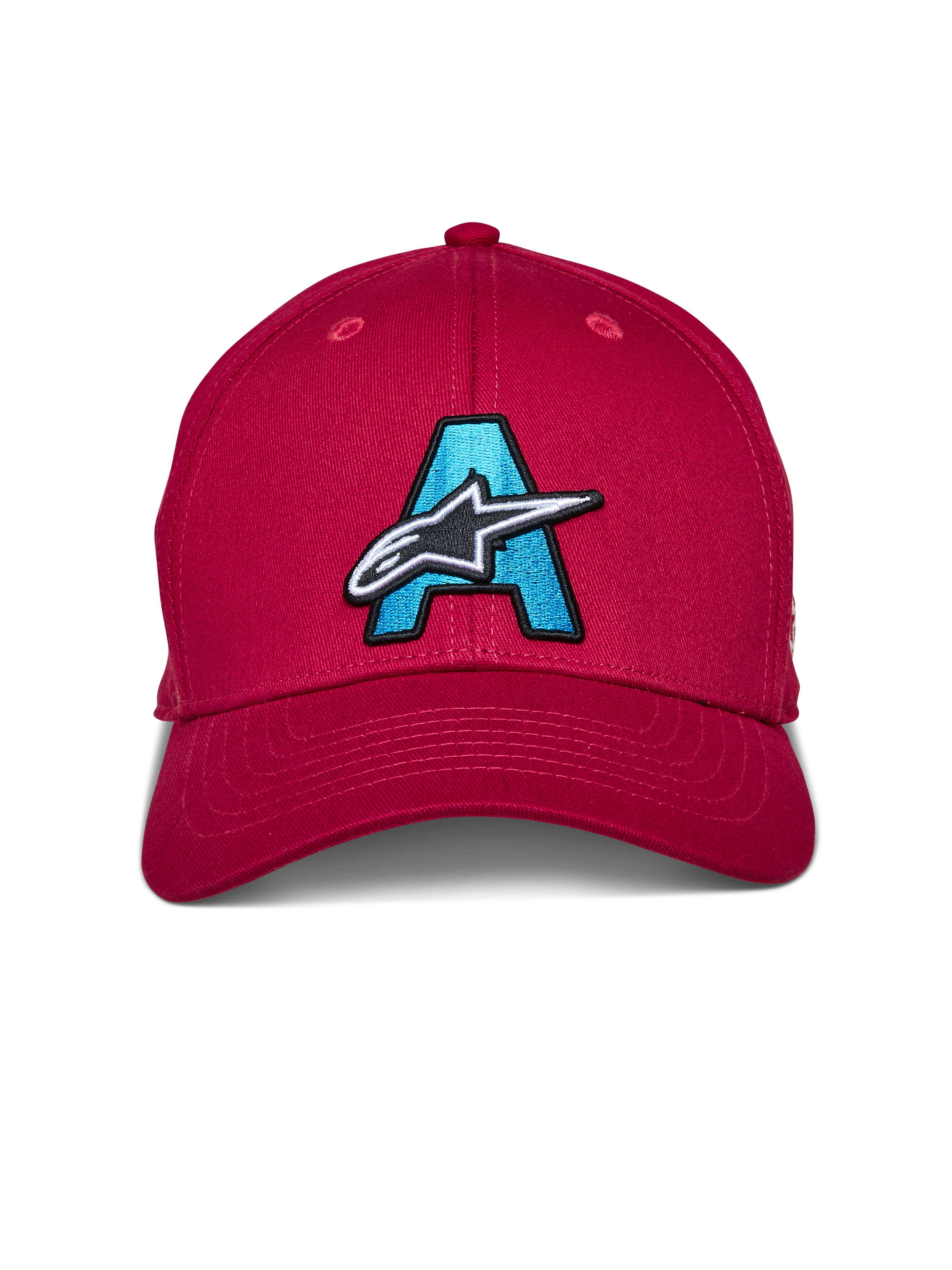 Alpinestars Elemental pet, rood, gestructureerde pet met gebogen klep, voorzien van een groot lichtblauw geborduurd 'A'-logo en een wit-zwart Alpinestars ster-logo op de voorkant, casual motorsport hoofdbedekking