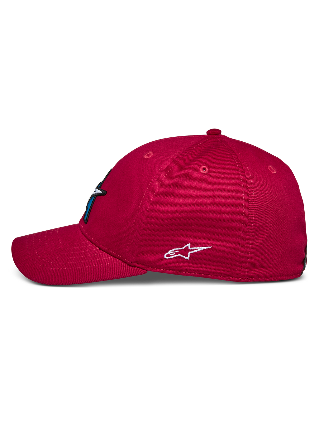 Alpinestars Elemental pet, rood, zijaanzicht, gebogen klep en gestructureerde kroon, wit geborduurd Alpinestars-logo op de zijkant, casual motorsport-geïnspireerd hoofddeksel