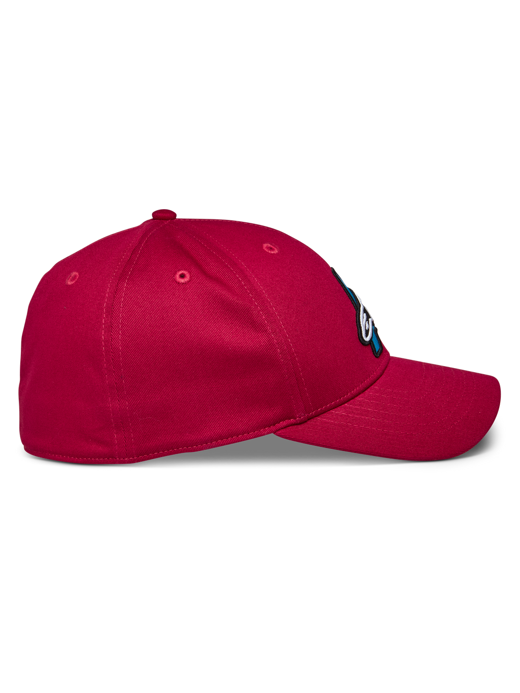 Alpinestars Elemental pet, rode baseballcap, zijaanzicht met gebogen klep en gestructureerde kroon, stretch keperstof, casual motorsport sportkleding