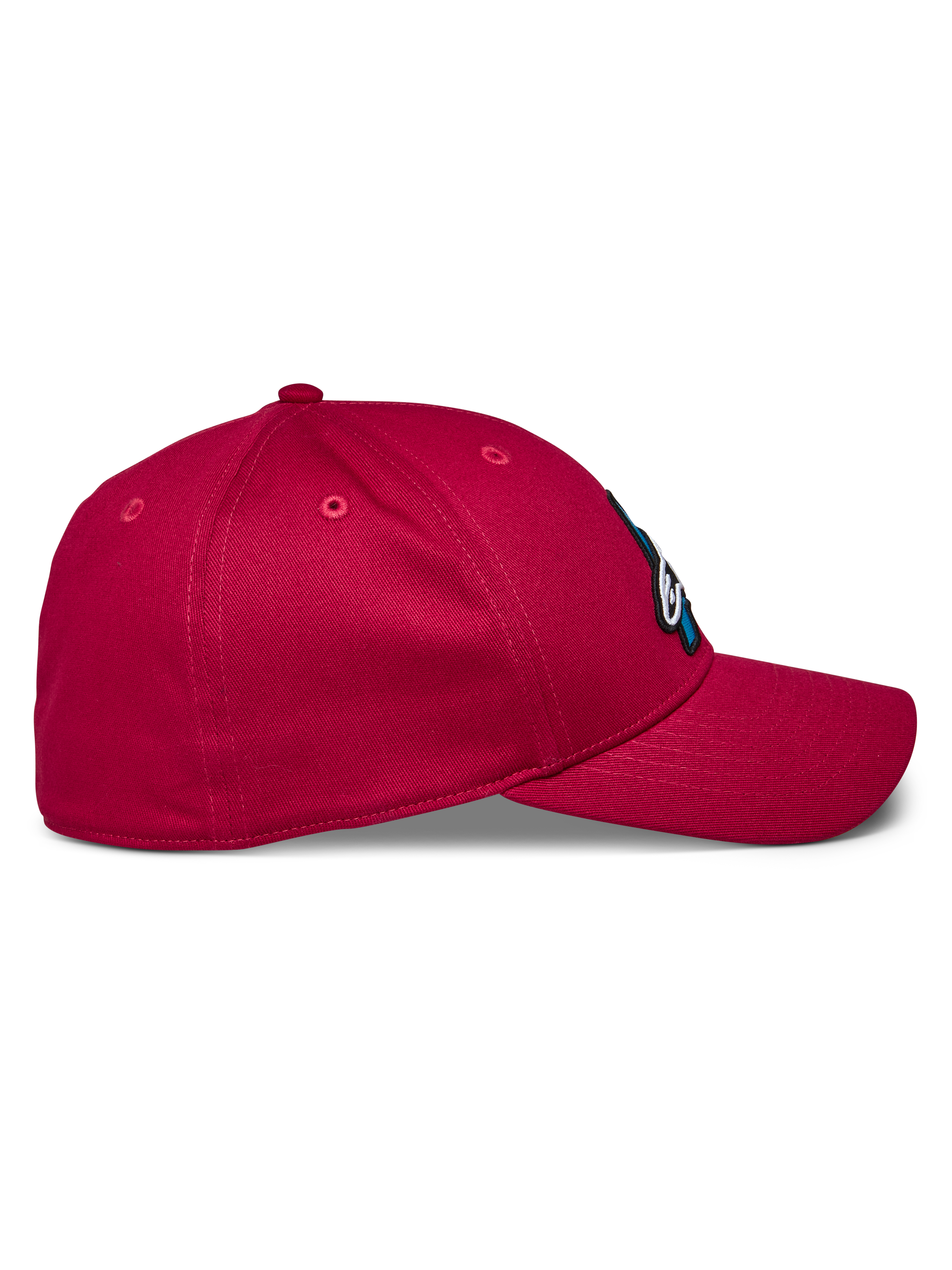 Alpinestars Elemental pet, rode baseballcap, zijaanzicht met gebogen klep en gestructureerde kroon, stretch keperstof, casual motorsport sportkleding