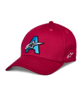 Alpinestars Elemental pet, rode baseballcap, cyaanblauw en zwart 3D-geborduurd A-logo, wit sterontwerp, gebogen klep, gestructureerde kroon, casual motorsport hoofddeksel