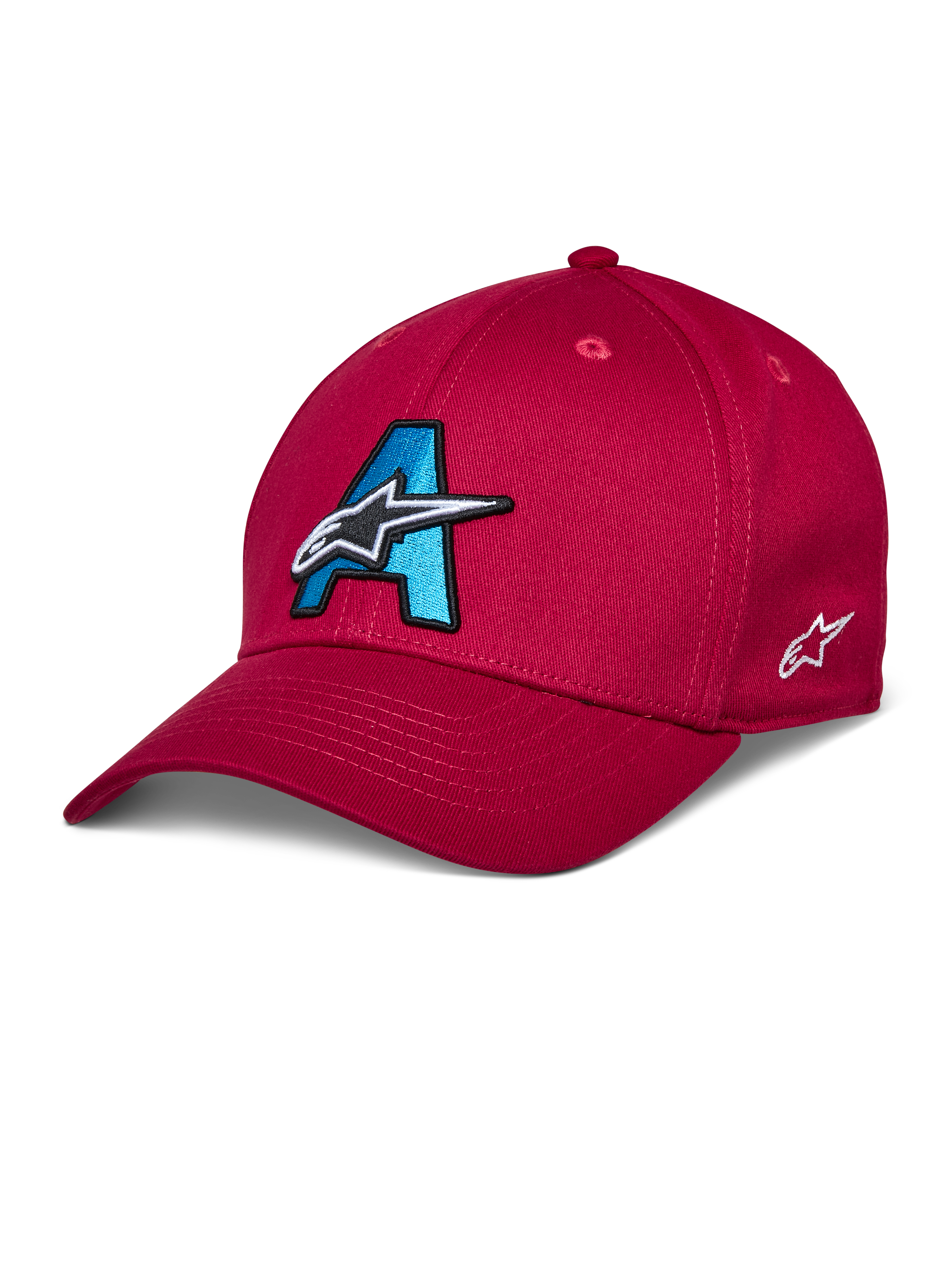 Alpinestars Elemental pet, rode baseballcap, cyaanblauw en zwart 3D-geborduurd A-logo, wit sterontwerp, gebogen klep, gestructureerde kroon, casual motorsport hoofddeksel