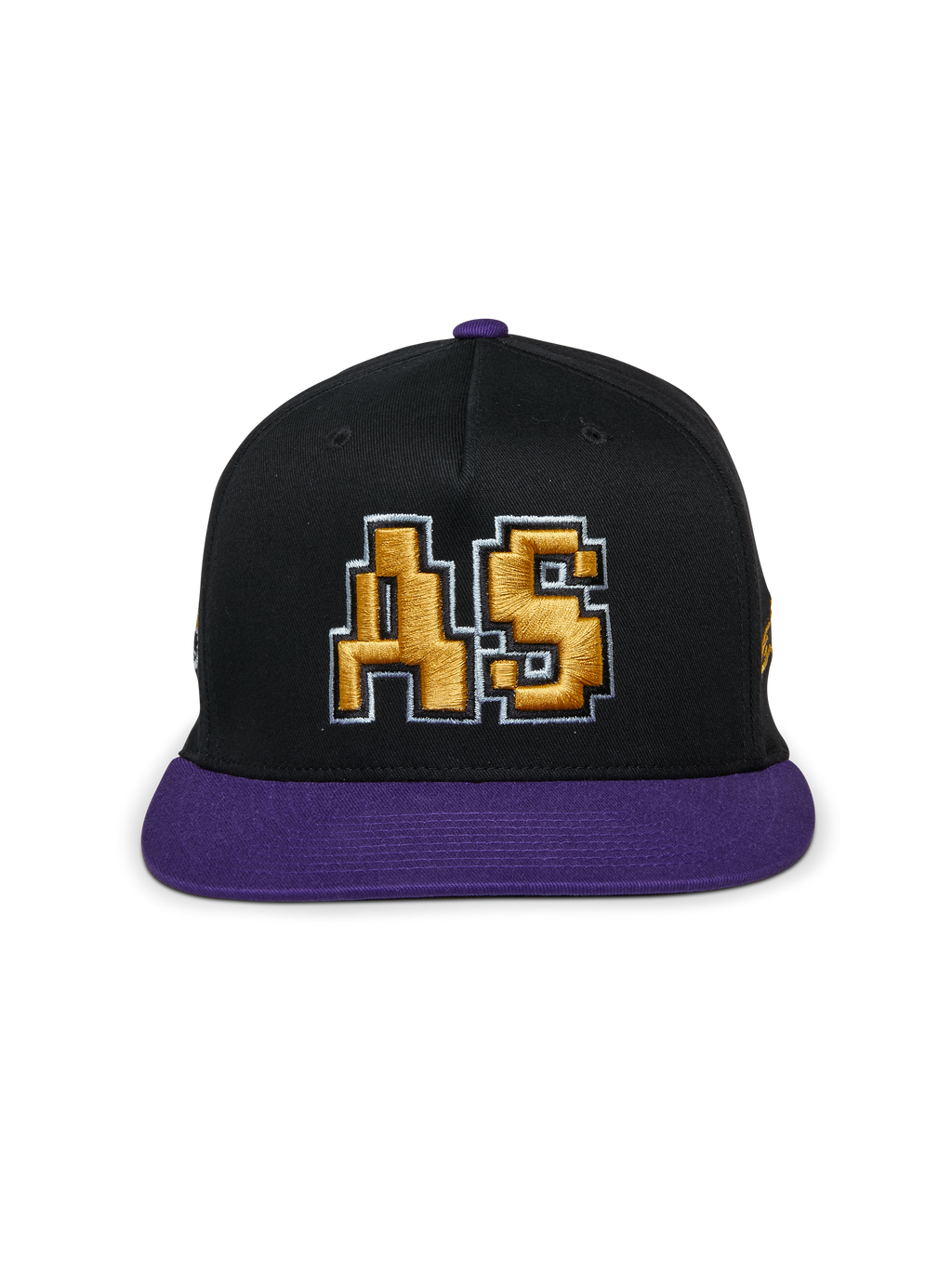 Alpinestars Franchise pet, zwart-paarse pet met platte klep, gestructureerde kroon met paarse klep en knoop bovenop, voorzien van een goud 3D-geborduurd "AS"-logo op de voorkant, casual motorsport-geïnspireerde streetwear