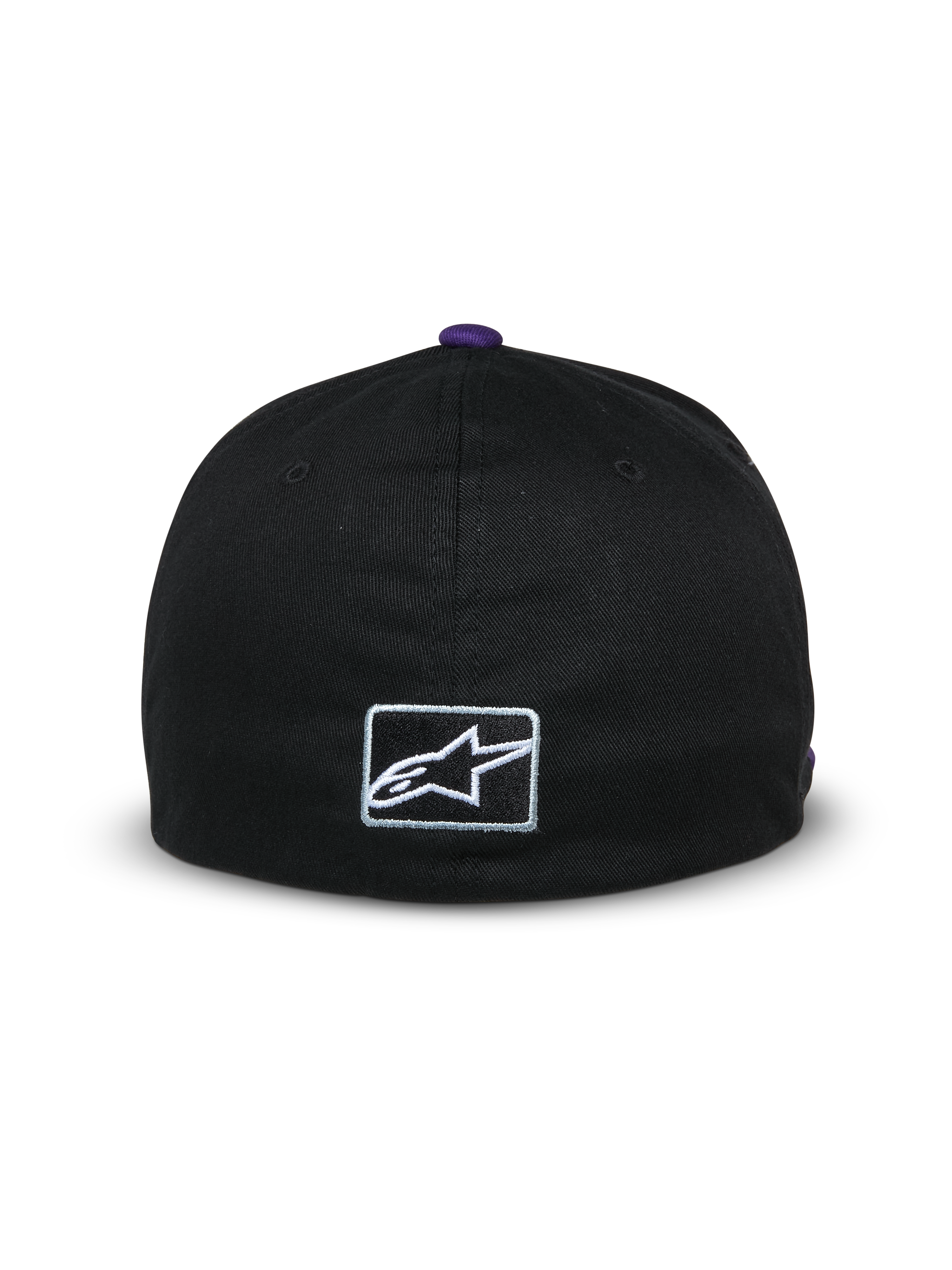 Alpinestars Franchise pet, achteraanzicht van een zwarte baseballcap, paarse knop bovenop, klein wit geborduurd Astars-logo op de achterkant, flex-back ontwerp, casual door motorsport geïnspireerde streetwear