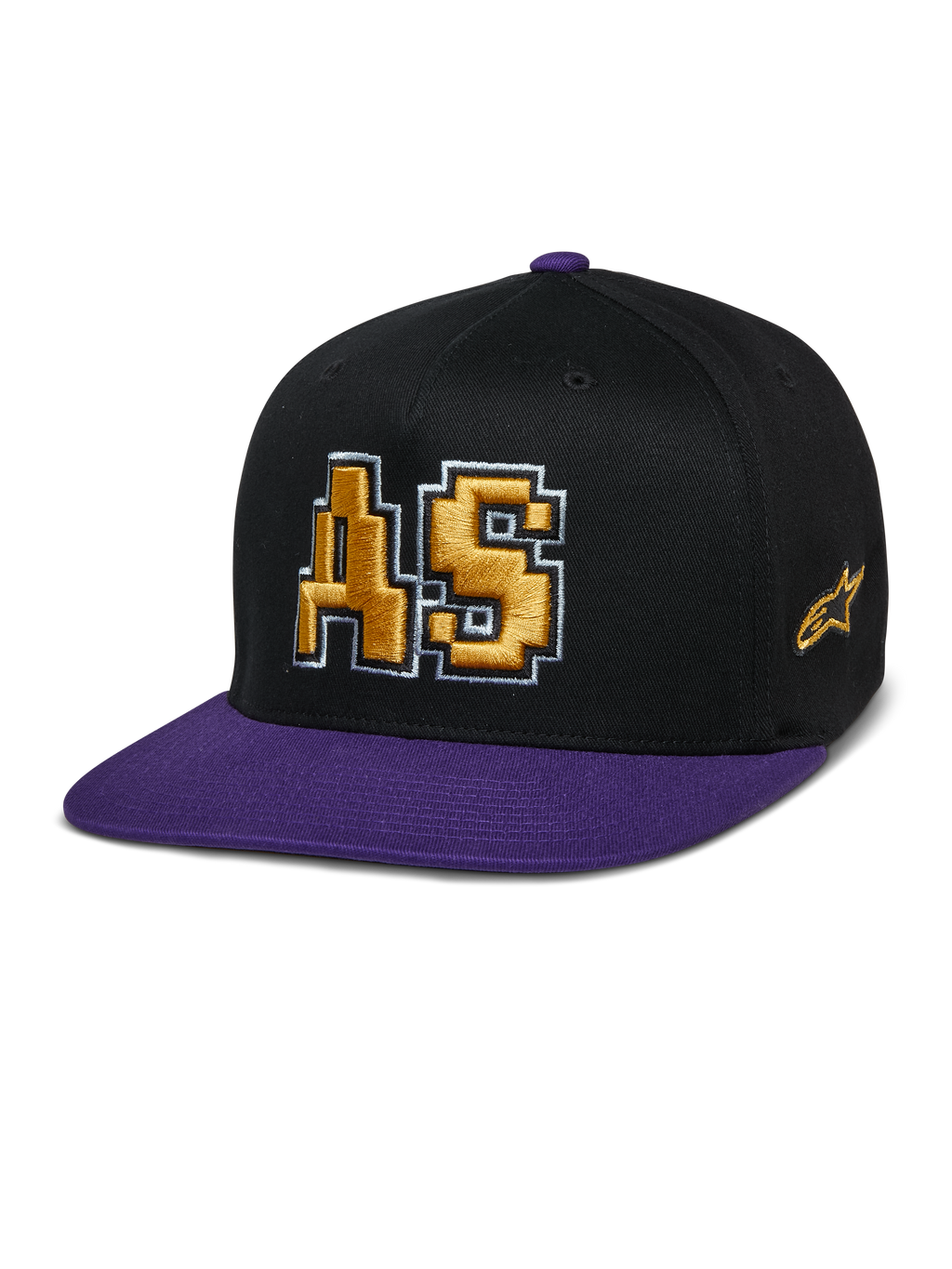 Alpinestars Franchise Pet, pet met platte klep, zwart en paars, goud 3D-geborduurd AS-logo met witte omlijning, paarse klep en topknop, gestructureerd Flex Fit-ontwerp