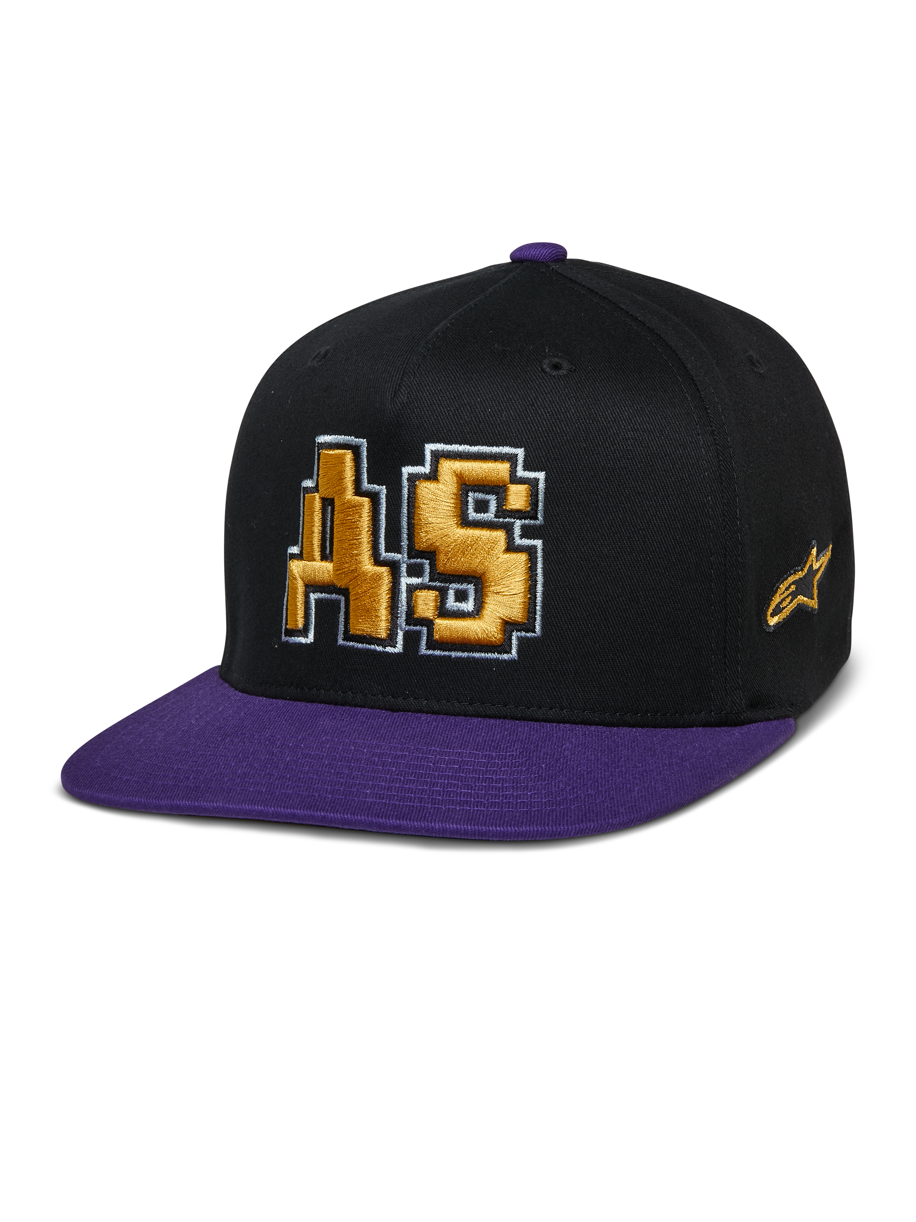 Alpinestars Franchise Pet, pet met platte klep, zwart en paars, goud 3D-geborduurd AS-logo met witte omlijning, paarse klep en topknop, gestructureerd Flex Fit-ontwerp