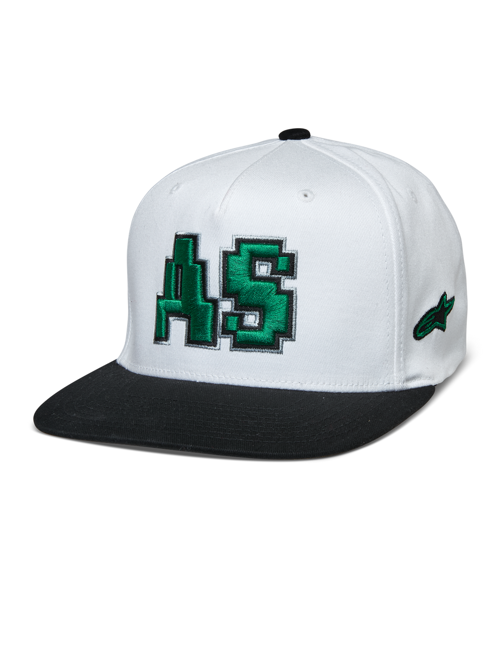 Alpinestars Franchise pet, witte kroon met zwarte platte klep, groen 3D-geborduurd AS-logo, flexibele baseballcap, motorsport lifestyle hoofddeksel
