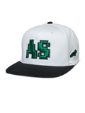 Alpinestars Franchise pet, witte kroon met zwarte platte klep, groen 3D-geborduurd AS-logo, flexibele baseballcap, motorsport lifestyle hoofddeksel